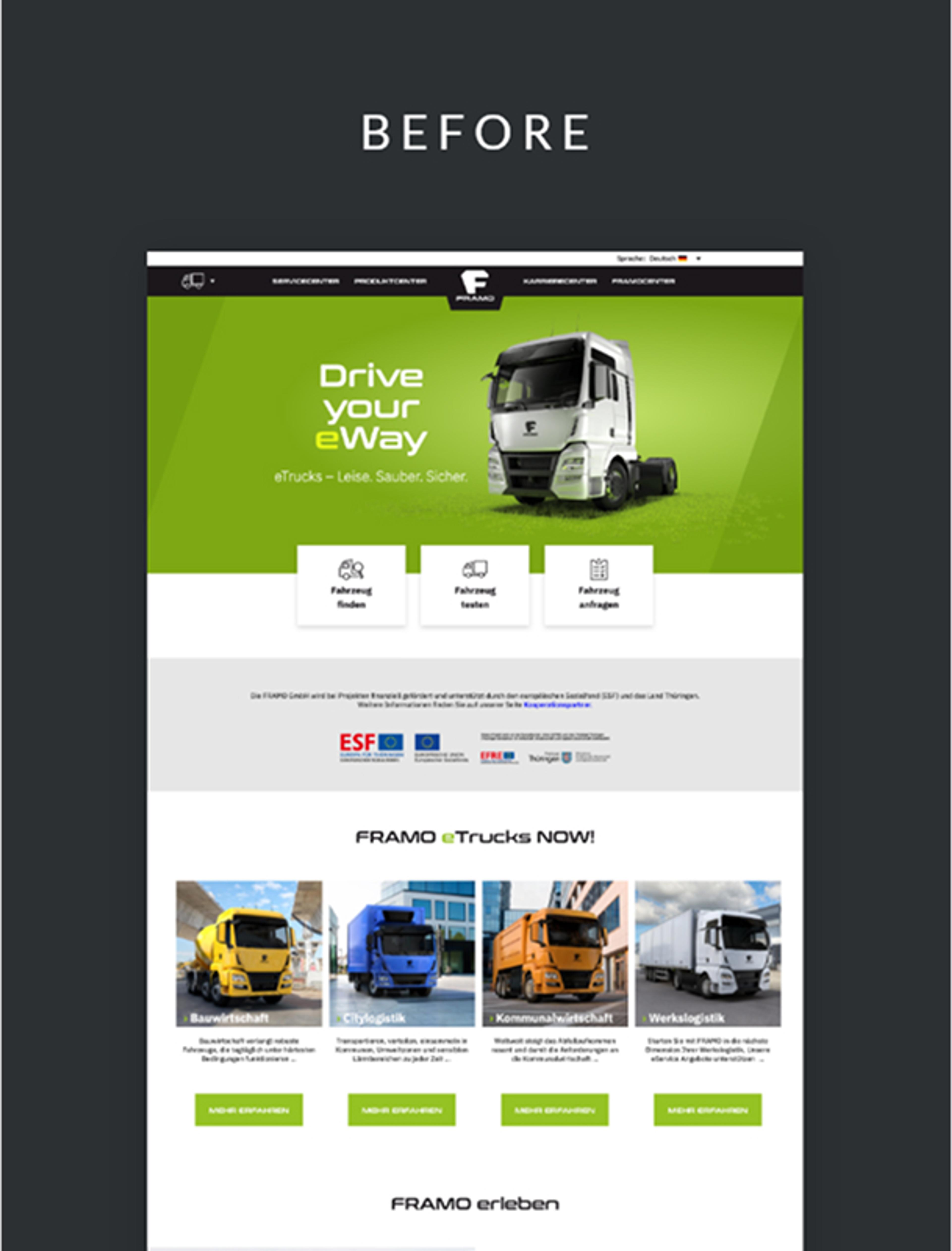 Vier Produktseiten der Framo eTrucks Website mit spezifischen Farbkonzepten für verschiedene Fahrzeugtypen, die Leistung, Reichweite und Features hervorheben