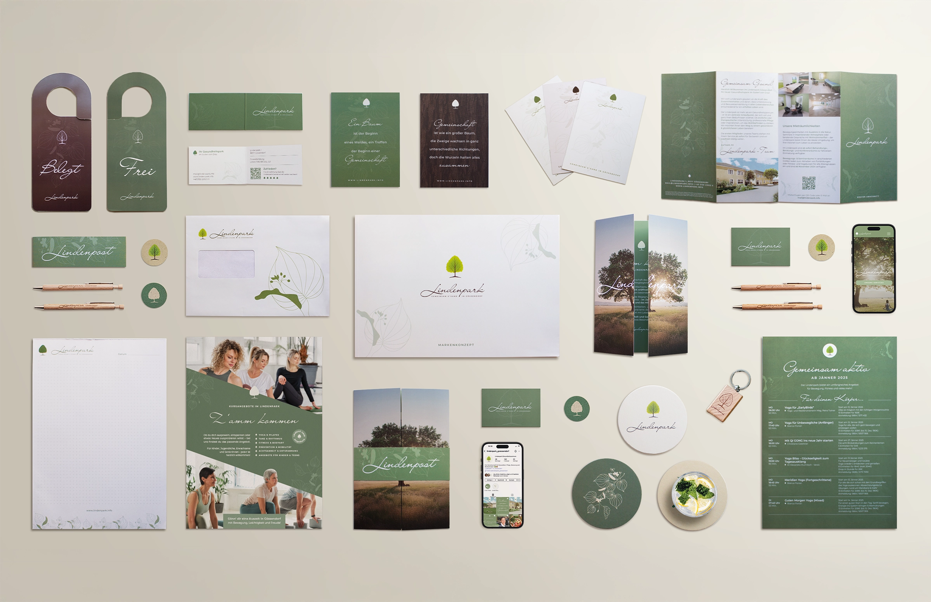 Logo & Grundkonzept BUCHER BRAND MARKETING e.U. Gestaltete Printmedien des Lindenpark Gesundheitszentrums, darunter Notizblöcke, Visitenkarten und ein Notizblock mit dezenten floralen Elementen und harmonischem Branding von Unerwartet Design.