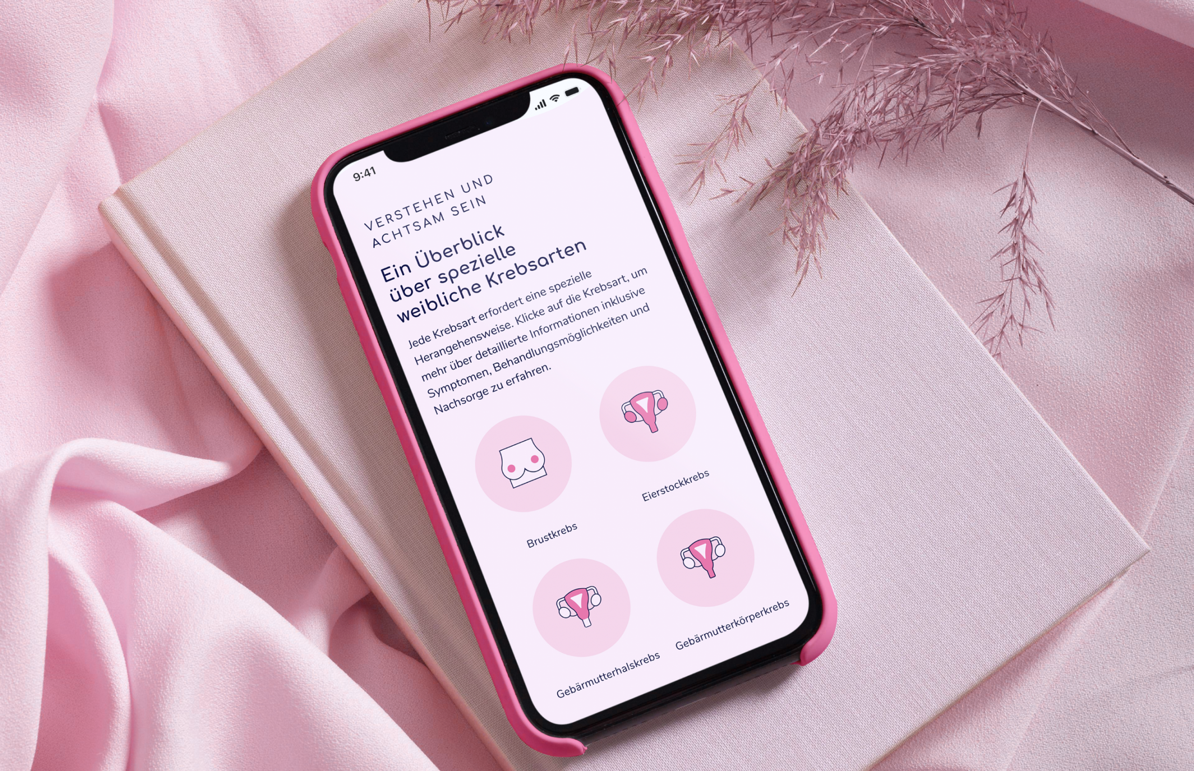 Smartphone mit der Frauen- und Brustkrebshilfe Steiermark Website, gestaltet von Unerwartet Design. Darstellung weiblicher Krebsarten mit klaren Illustrationen. - Unerwartet Design