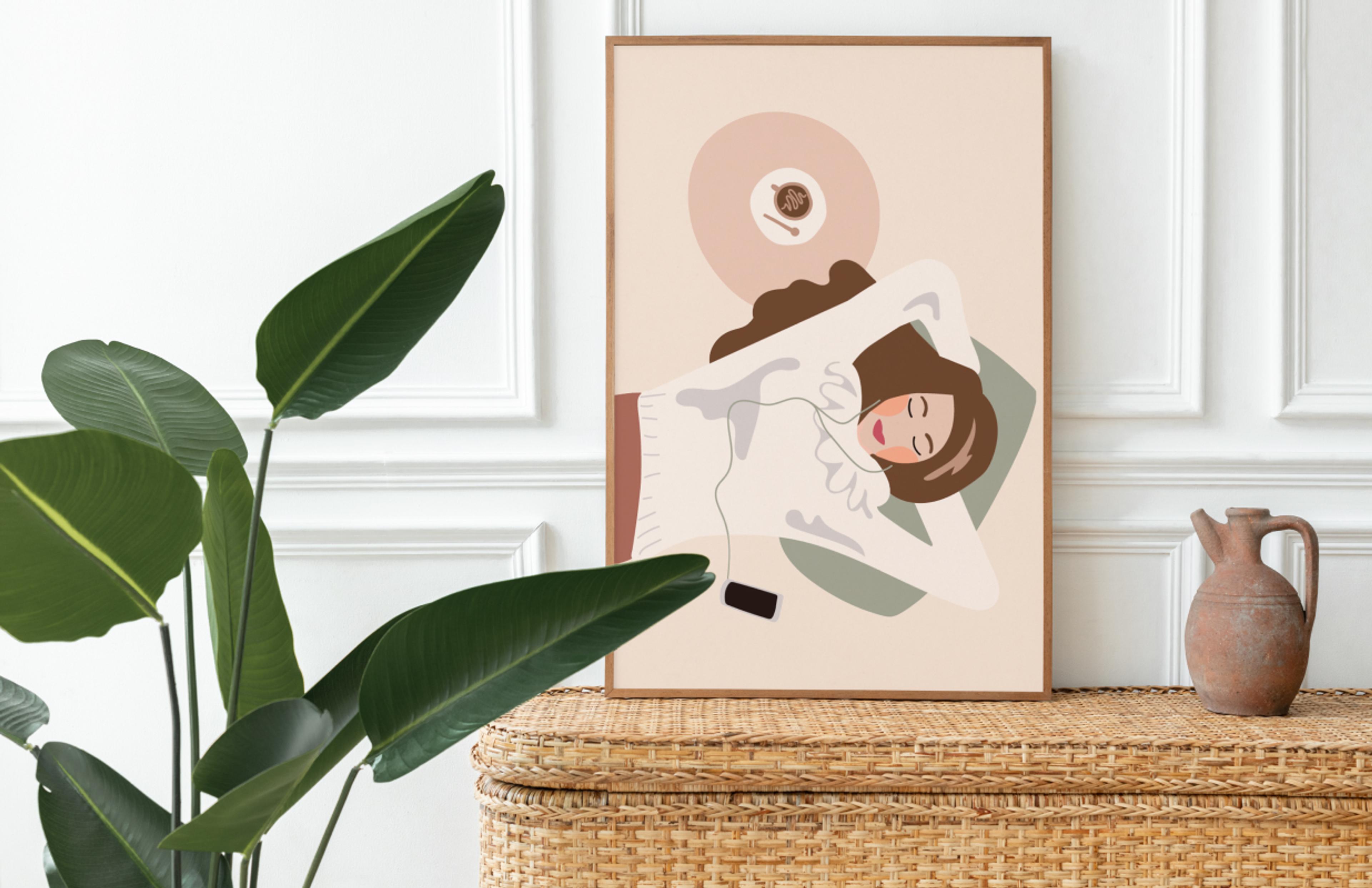 Handgemaltes Poster mit einer entspannenden Szene einer Frau und einer Kaffeetasse, harmonisch arrangiert in einem Raum mit natürlichem Rattandekor – Branding von Unerwartet Design.