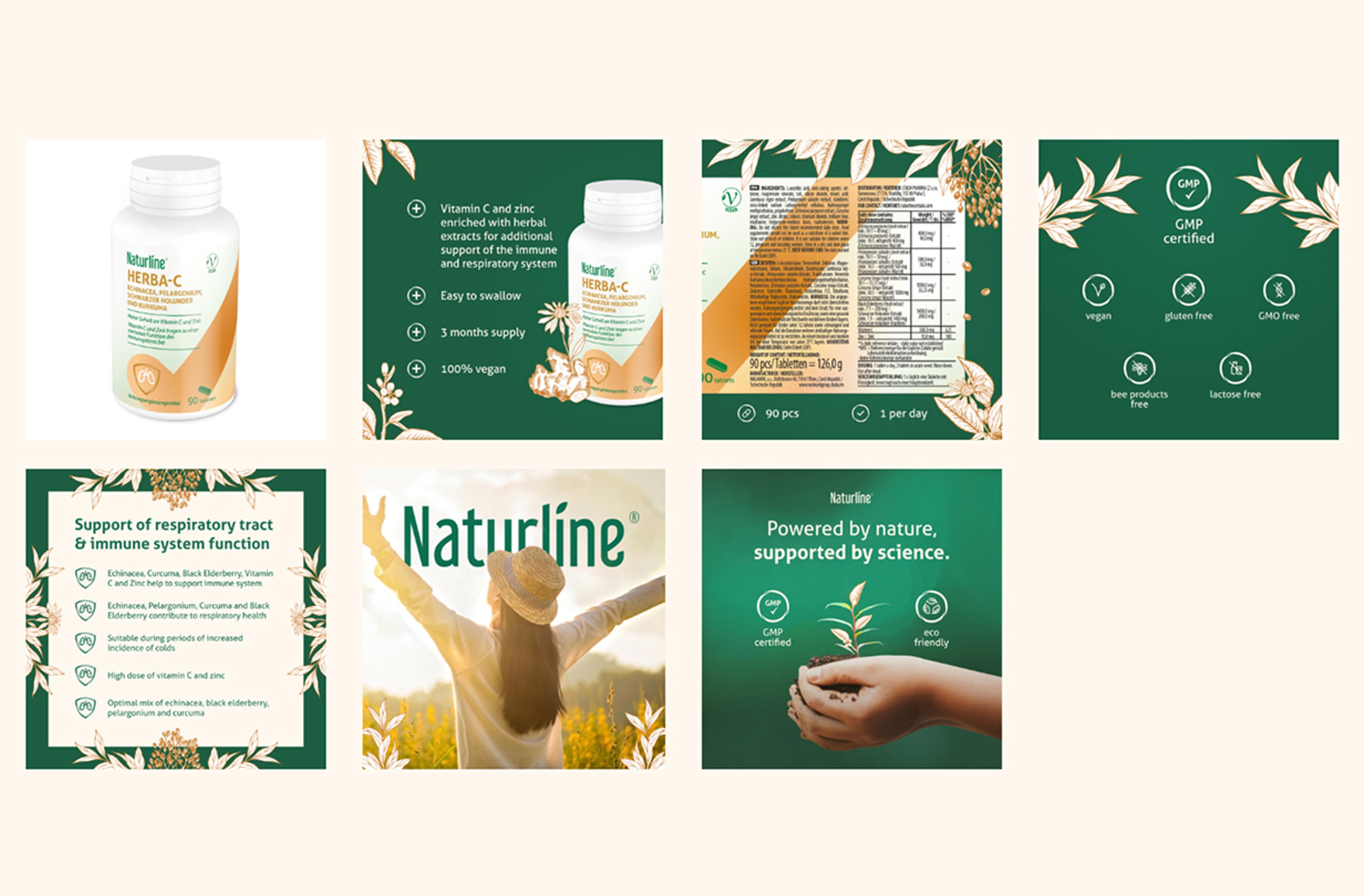 Naturline Herba C Nahrungsergänzung für Haut, Haare und Nägel. Hochwertige Produktbilder, Infografiken mit Inhaltsstoffen, Zertifizierungen und wissenschaftlich belegten Vorteilen.