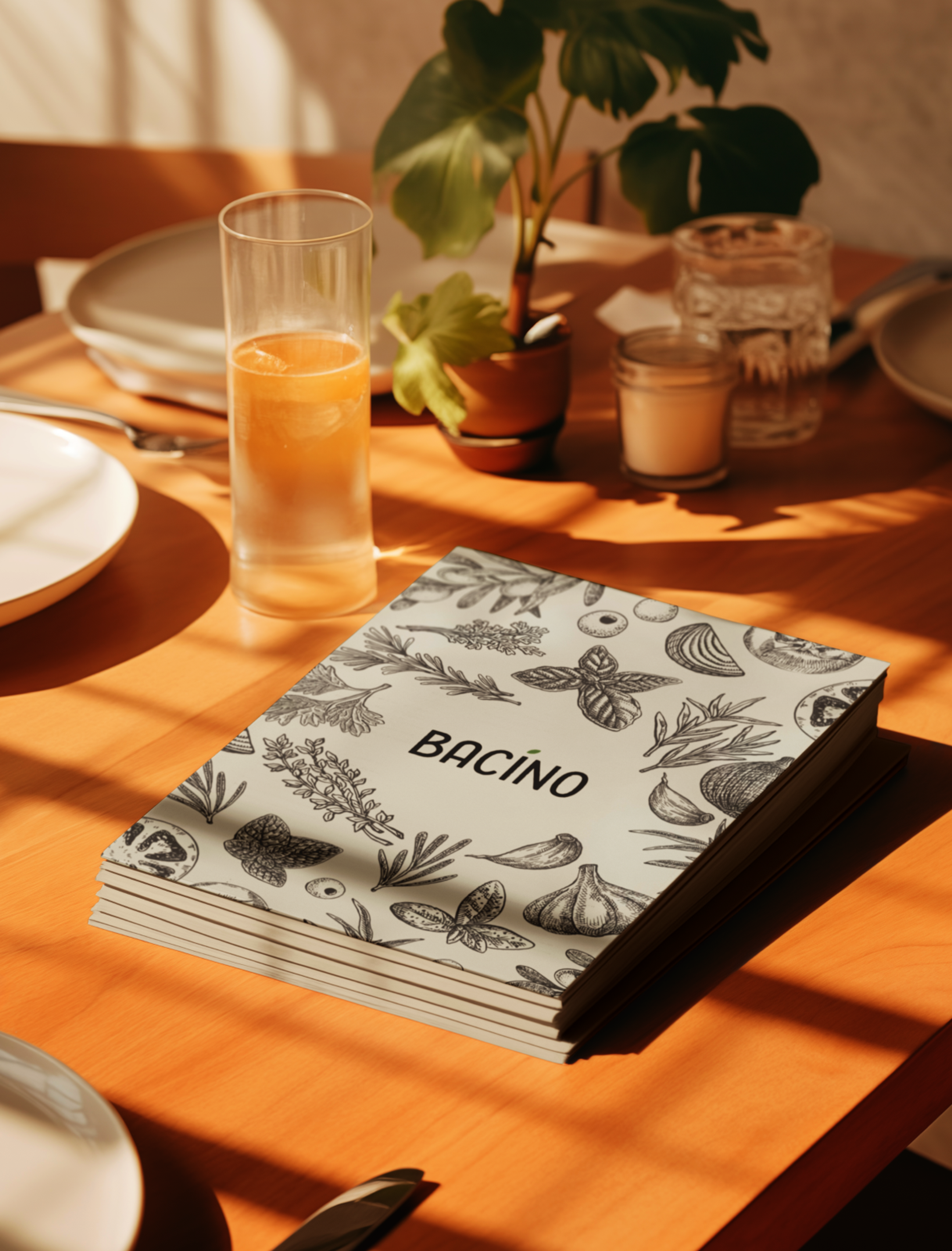 Broschüre von Bacino, gestaltet mit mediterranen Illustrationen und elegantem Layout auf einem Holztisch.