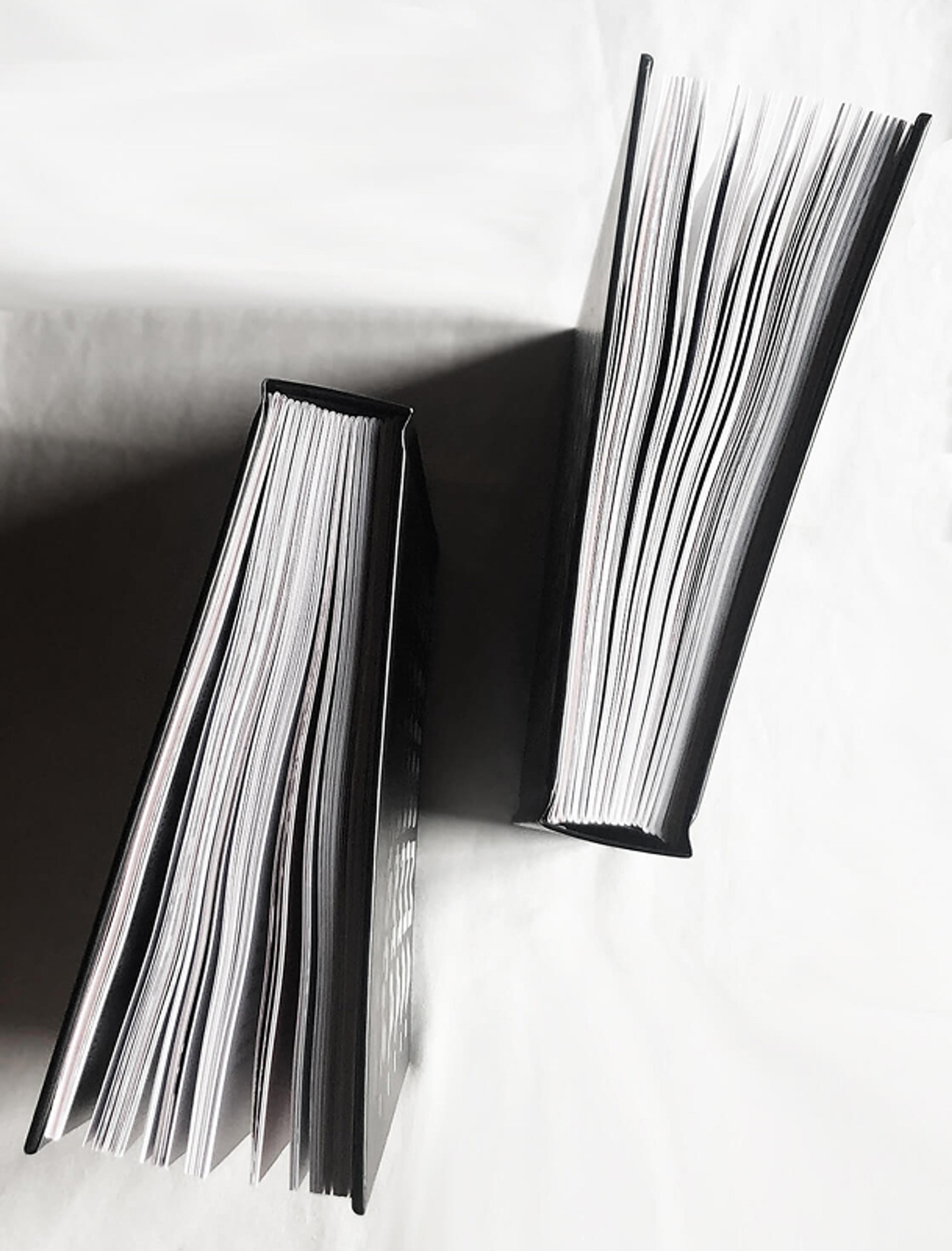 Zwei schwarz gebundene Bücher stehen aufgeklappt nebeneinander, wodurch die Anzahl der Seiten sichtbar wird. Das Bild betont die inhaltliche Tiefe des Projekts „Stigma“ und die intensive Auseinandersetzung mit dem Thema.