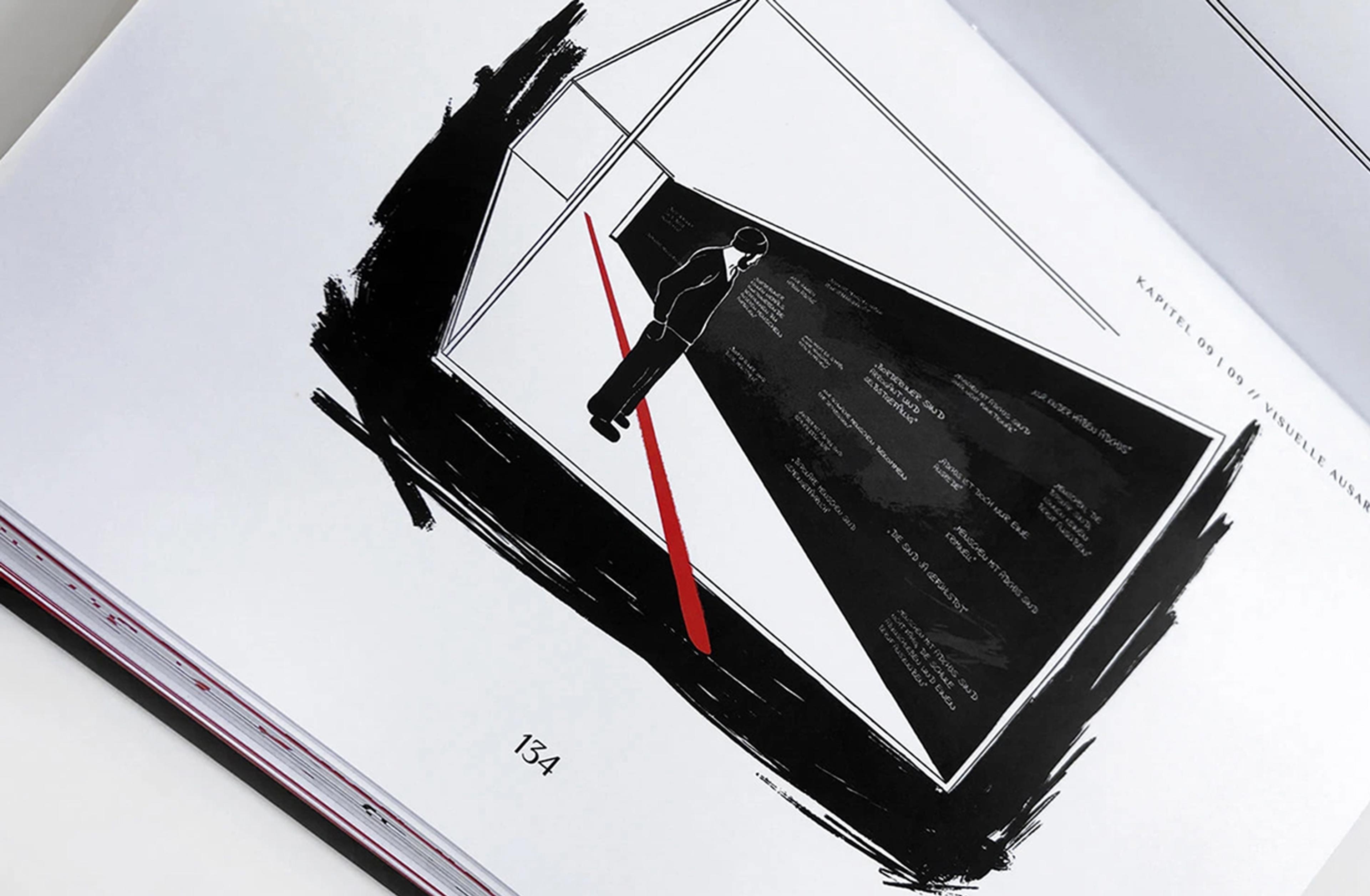 Ein gezeichneter Raum mit einer einsamen Figur, die auf einem roten Pfad steht. Die Umgebung wirkt düster, während Schriftzüge an den Wänden Informationen vermitteln. Das Bild visualisiert Isolation und gesellschaftliche Wahrnehmung psychischer Erkrankungen.