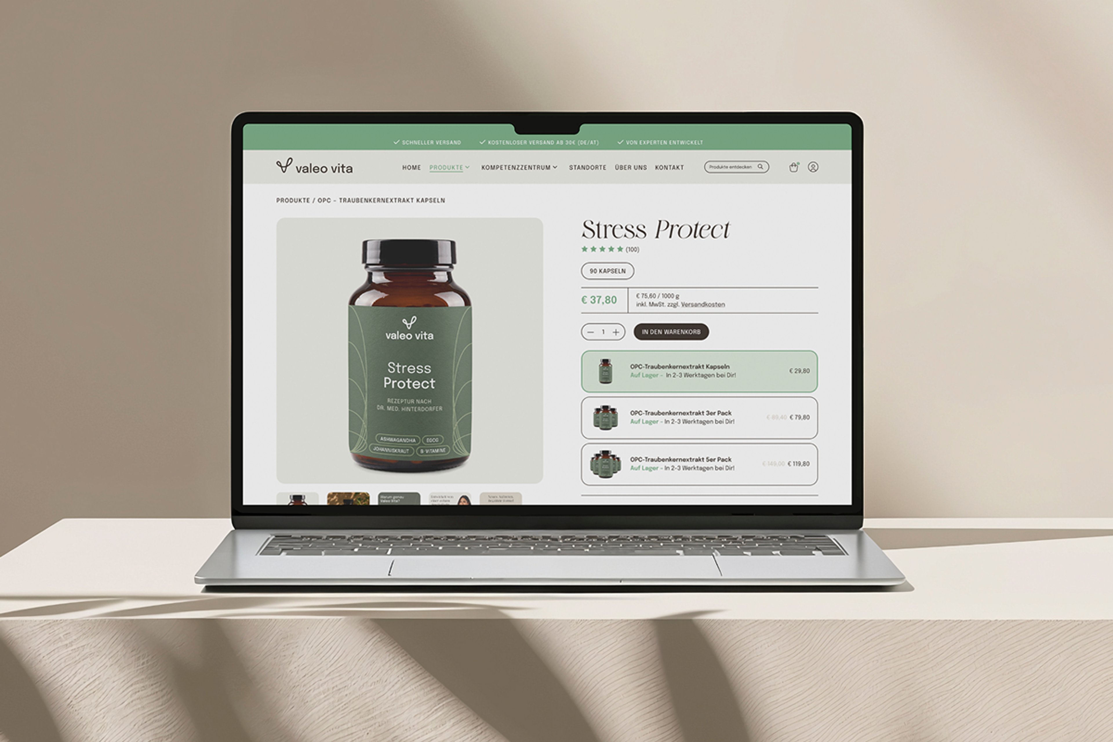 Produkt Unterseite Webdesign Valeo Vita von Unerwartet Design