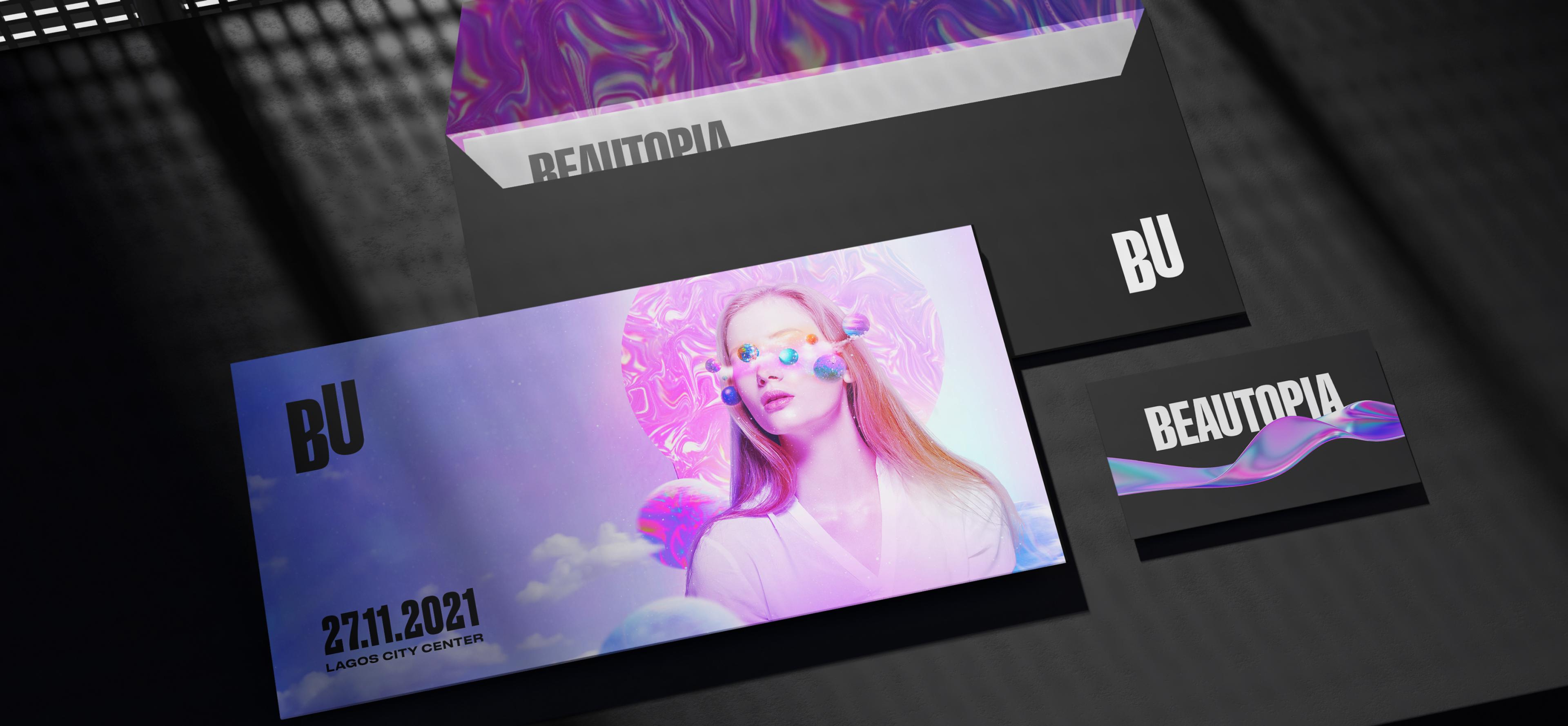 Einladung für die Beautopia-Convention mit einem femininen und modernen Design. Entwickelt von Unerwartet Design mit Fokus auf Branding, Ästhetik und fließenden Formen für eine weltweit einzigartige Beauty-Experience.