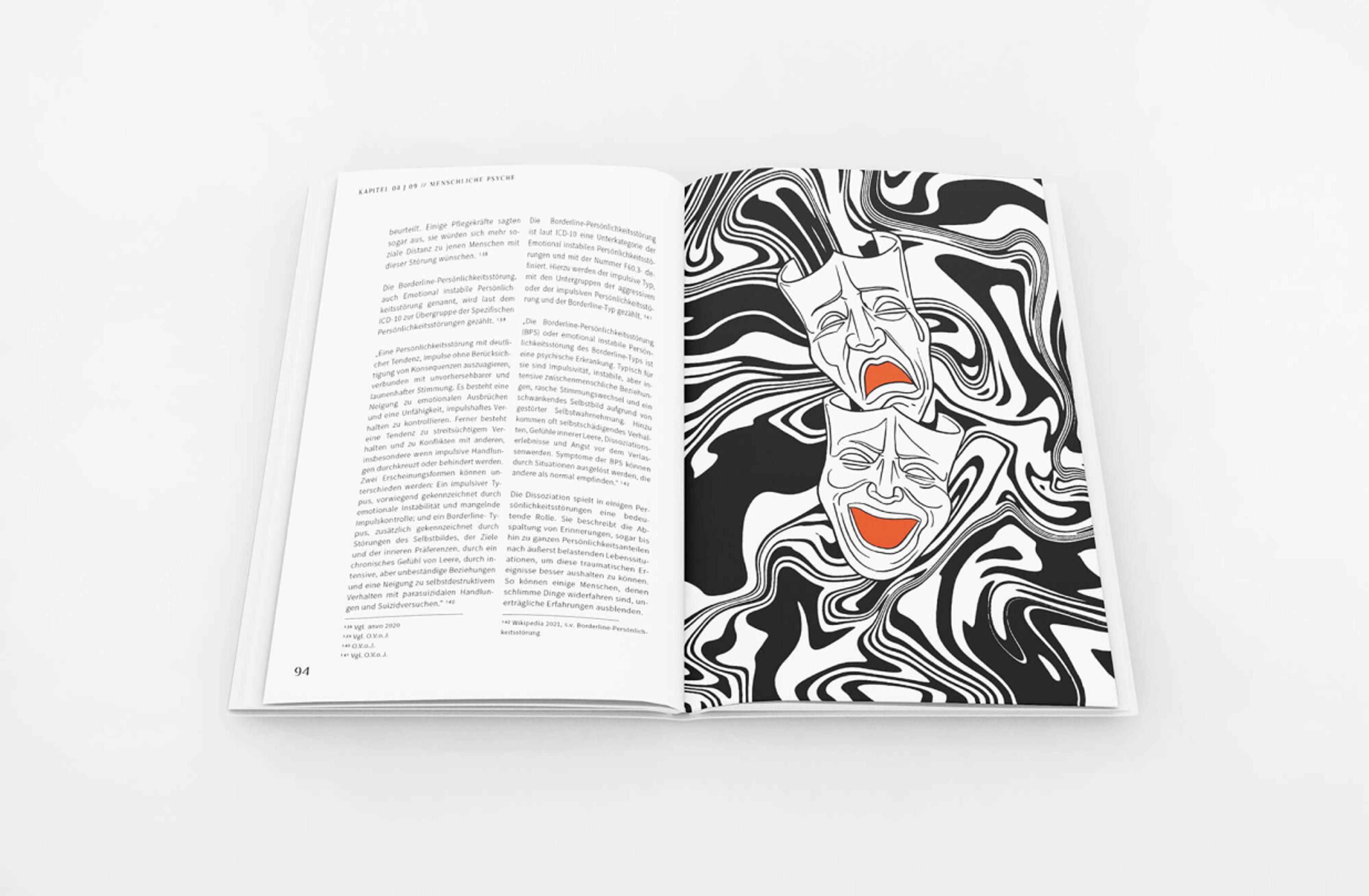 Eine Buchseite mit wissenschaftlichem Text auf der linken Seite und einer schwarz-weißen, verzerrten Illustration mit zwei Theatermasken auf der rechten Seite. Symbolisiert emotionale Extreme und psychische Erkrankungen.