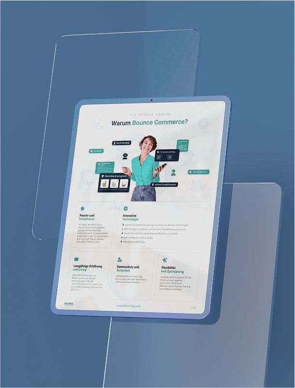 Digitales Unternehmensprofil als PDF von Bounce Commerce auf einem schwebenden Tablet, mit modernen Visuals zu Innovation, Datenschutz und flexibler Optimierung.
