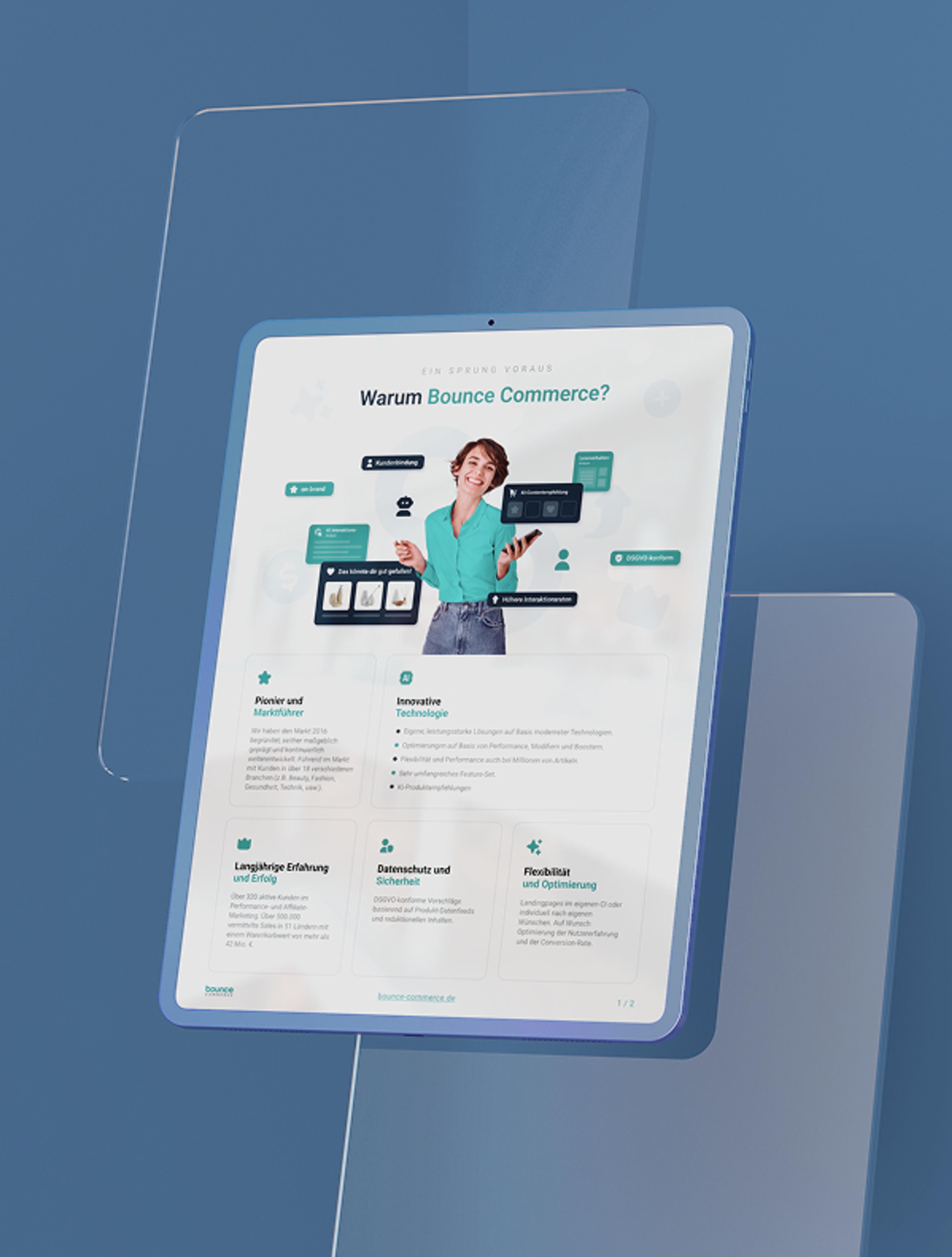 Digitales Unternehmensprofil als PDF von Bounce Commerce auf einem schwebenden Tablet, mit modernen Visuals zu Innovation, Datenschutz und flexibler Optimierung.