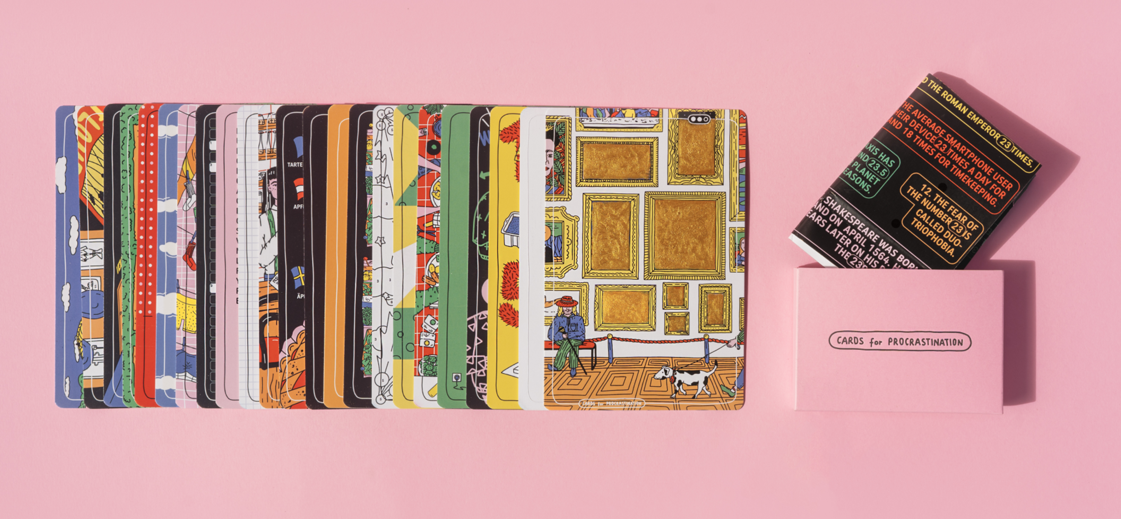 Miriam Leitinger Komplettes Set illustrierter Karten aus „Cards for Procrastination“, im Fächerlayout dargestellt.