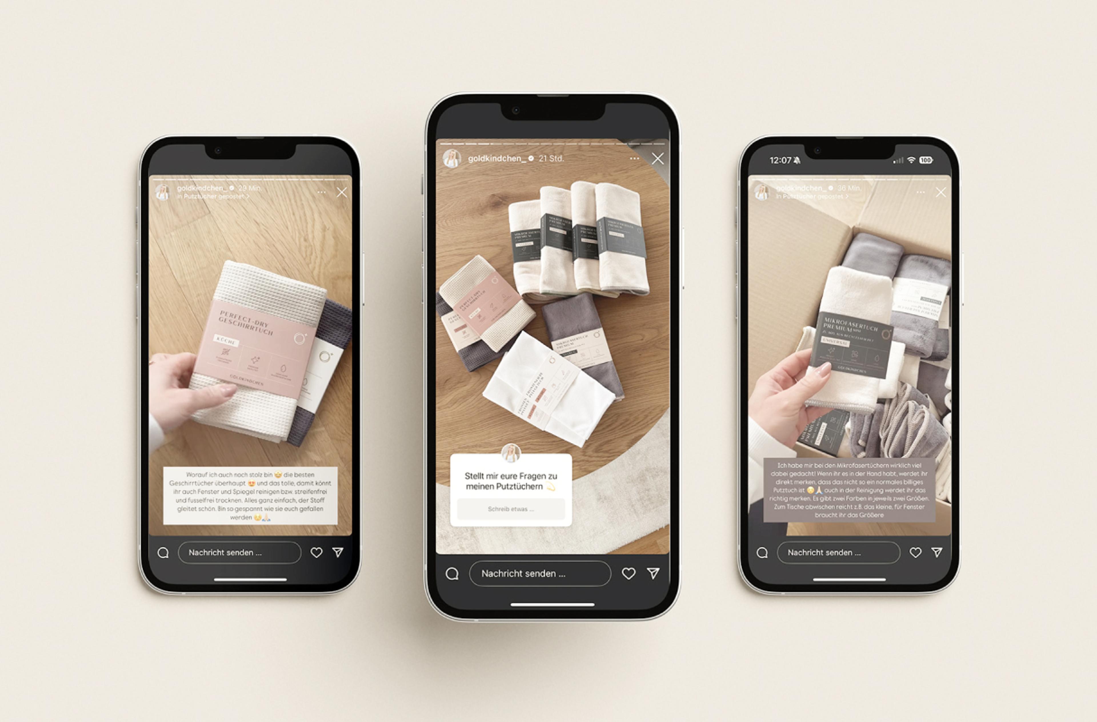 Golkindchen Storyposts mit den neuen Putztücher vor Webshop Verkaufstart