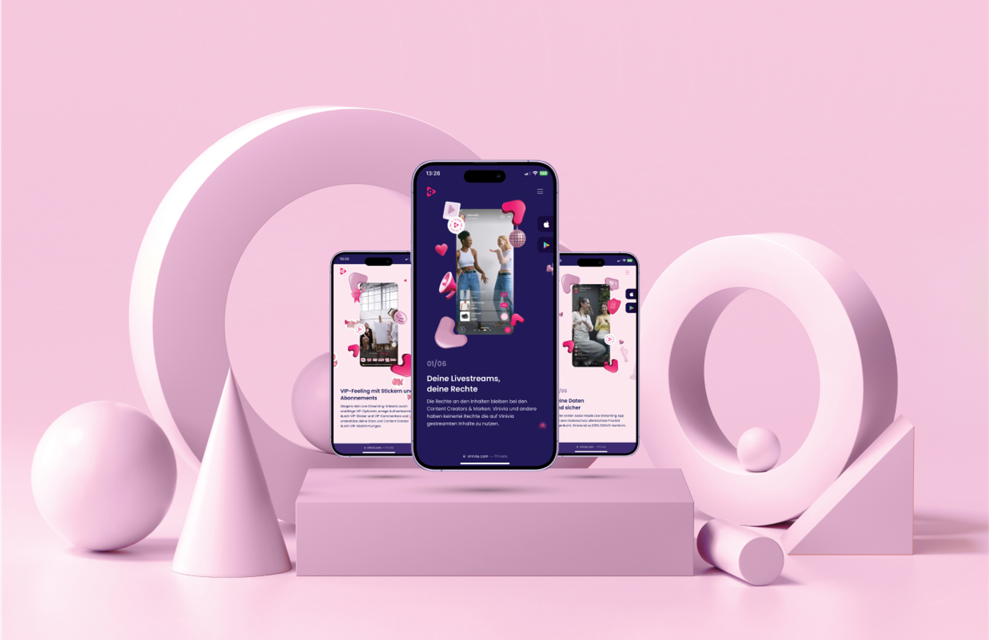 Drei Smartphones präsentieren die mobilfreundliche Vinivia-Website mit fesselnden Scroll-Funktionen und trendigem UI-Design in einer rosa Kulisse – Unerwartet Design