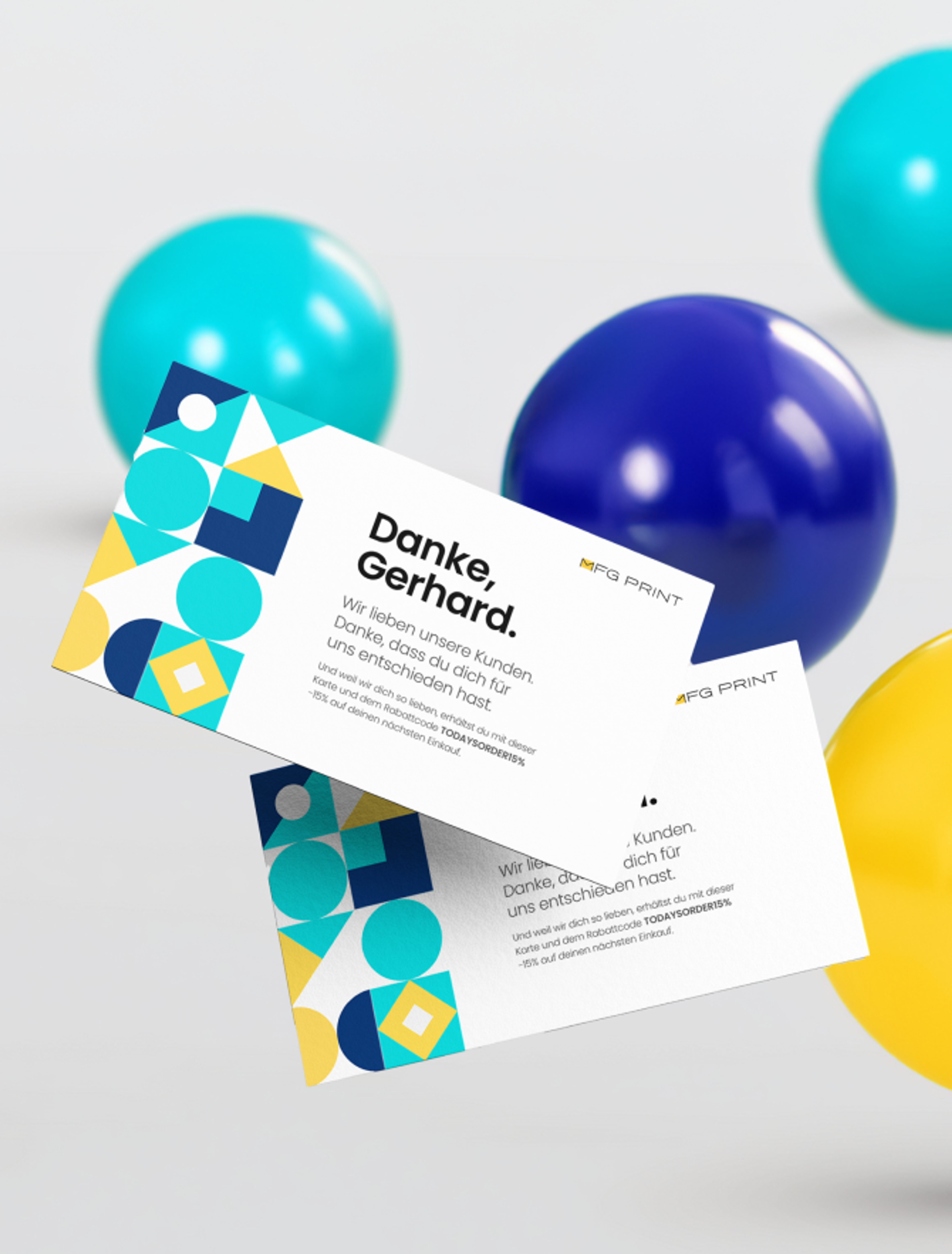 Dankeskarten für mfgprint mit kreativem Design von Unerwartet Design – geometrische Muster und leuchtende Farben.