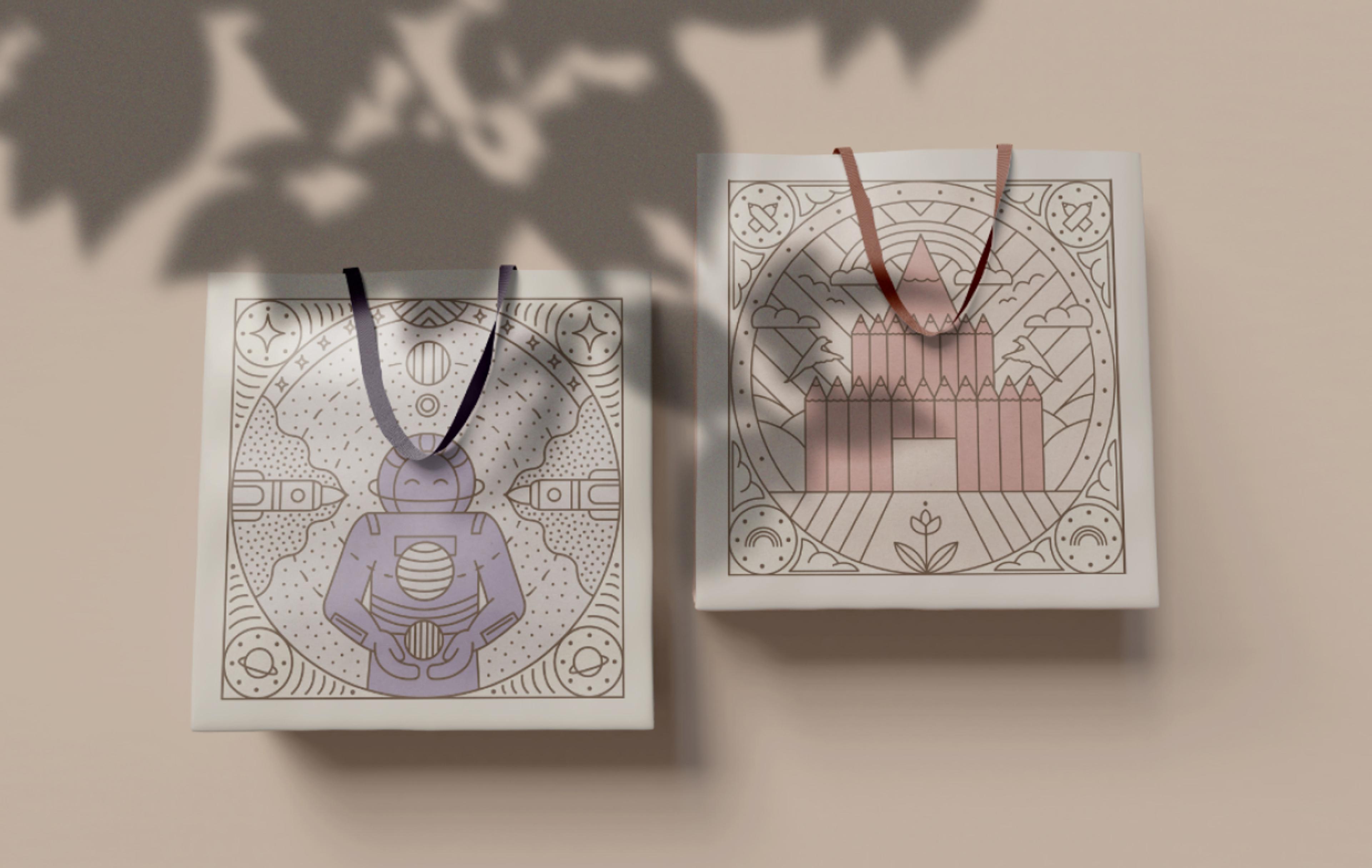 Lorato Schokoladengeschenktüten mit filigranen Illustrationen – Astronauten- und Schlossmotiv. Luxuriöses, nachhaltiges Verpackungsdesign.