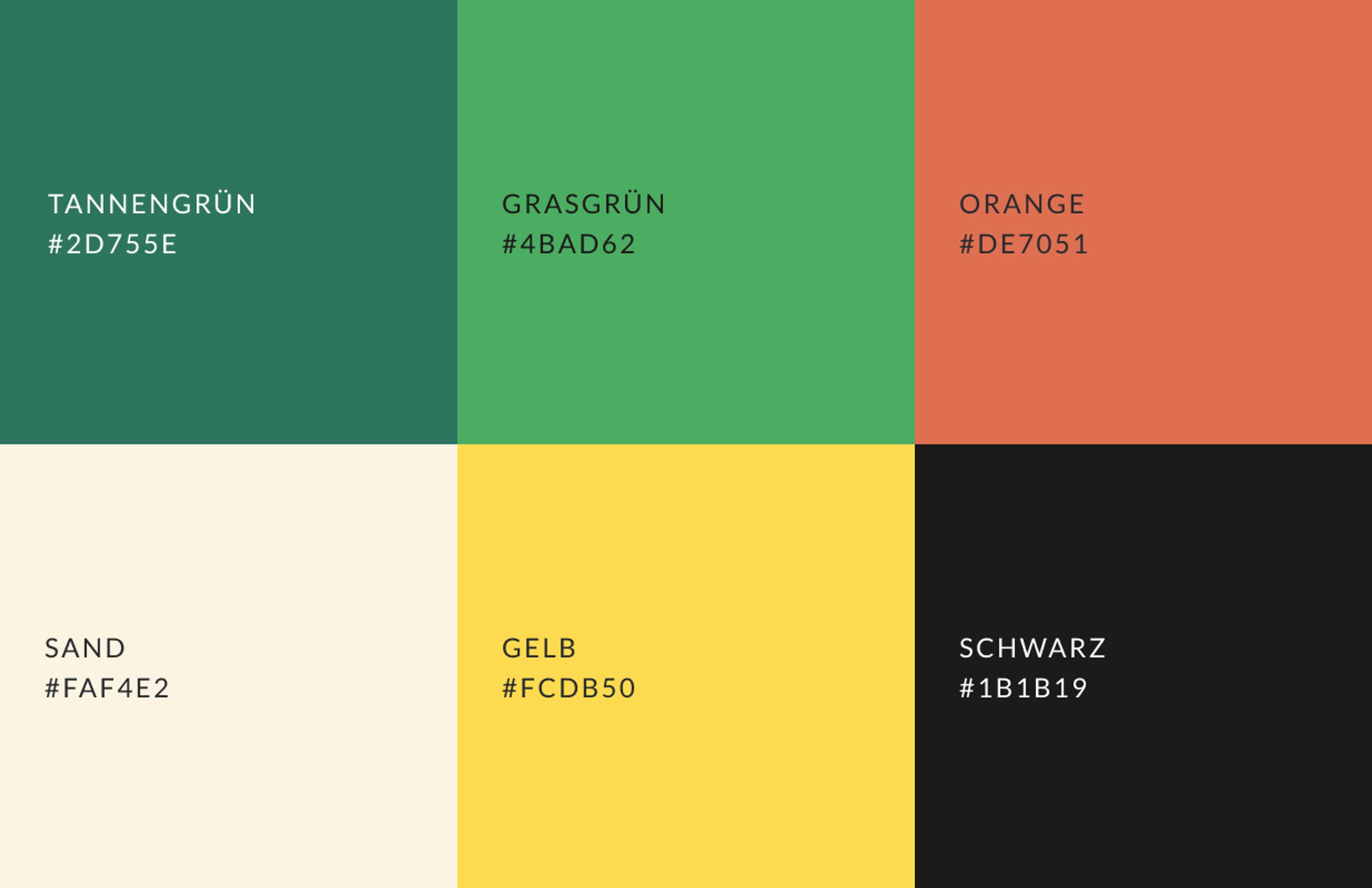 Farbpalette für das Corporate Design des Events „Markt der Zukunft“, entwickelt von Unerwartet Design Graz. Tannengrün, Grasgrün, Orange, Sand, Gelb und Schwarz.