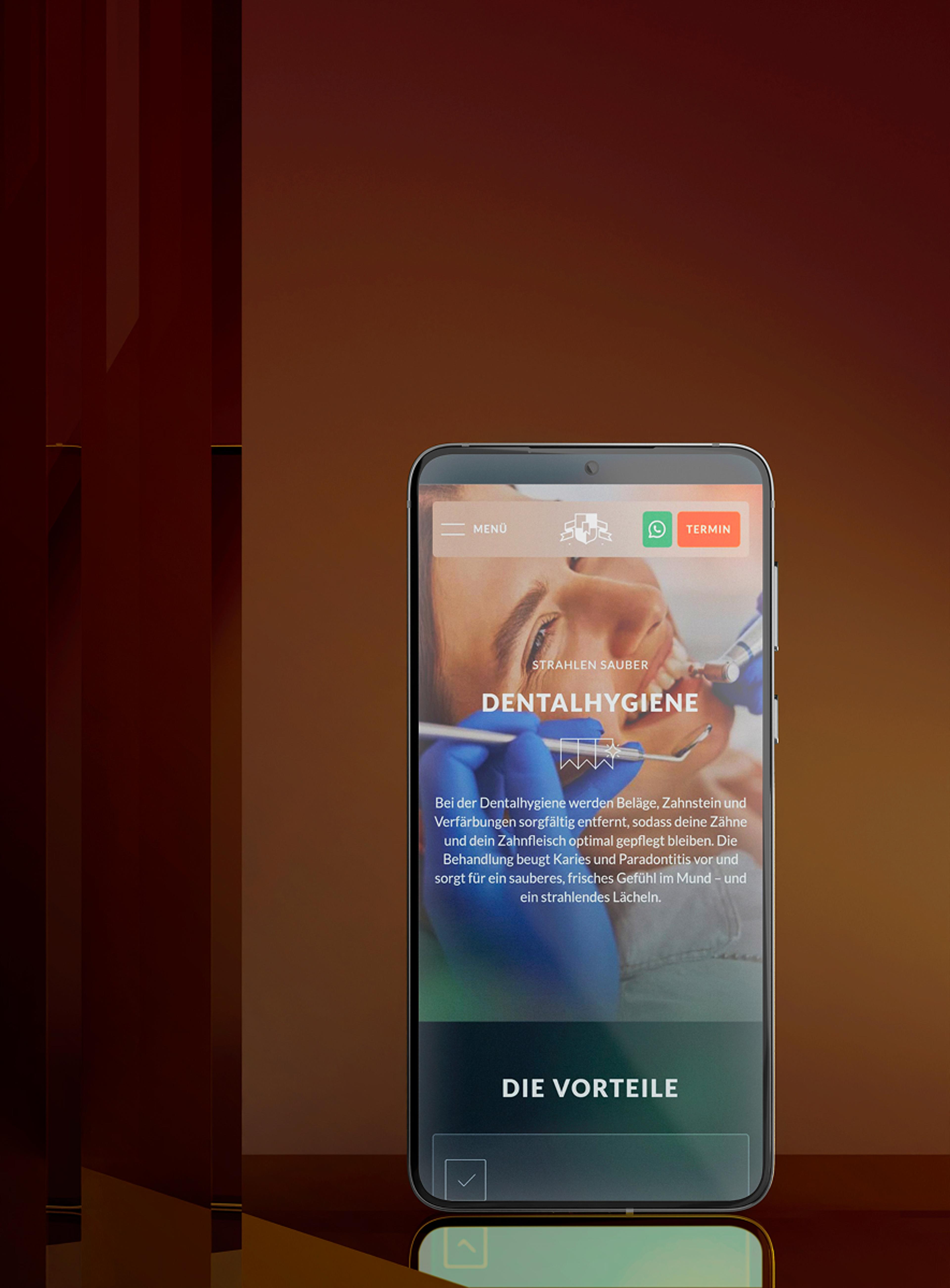 Smartphone zeigt eine Sektion der Dental Club Webseite, gestaltet von Unerwartet Design