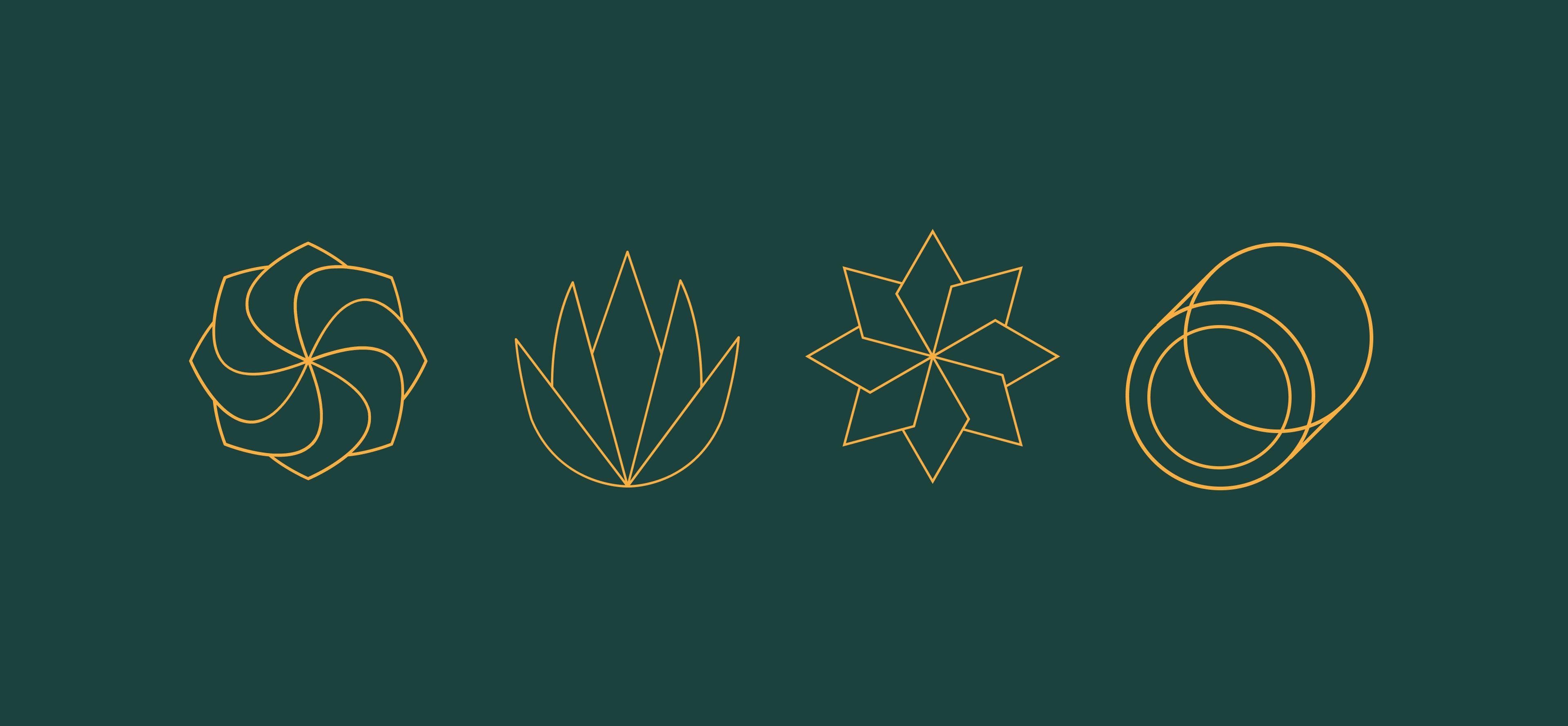 Minimalistische und filigrane Icons-Symbole für die AVRORA Inhaltsstoffen, inspiriert von der Natur. Die feinen goldenen Linien auf tiefgrünem Hintergrund transportieren die Werte der Marke: Natürlichkeit, Eleganz und Zeitlosigkeit. Design von Unerwartet – Branding & Design Agentur in Graz, Österreich.