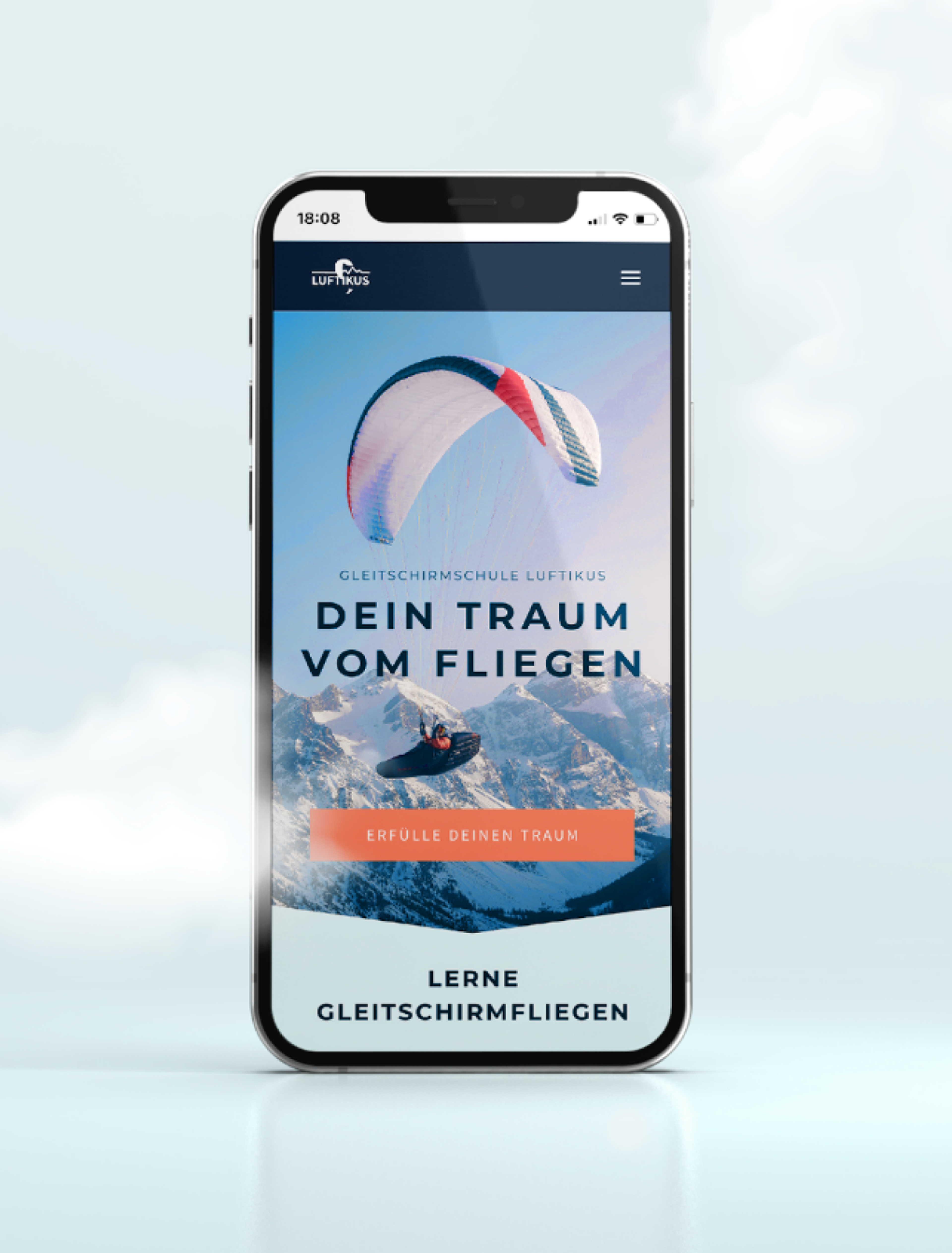 Startseite der Gleitschirmschule Luftikus, gestaltet von Unerwartet Design, mit Fokus auf Gleitschirmfliegen in den Alpen.