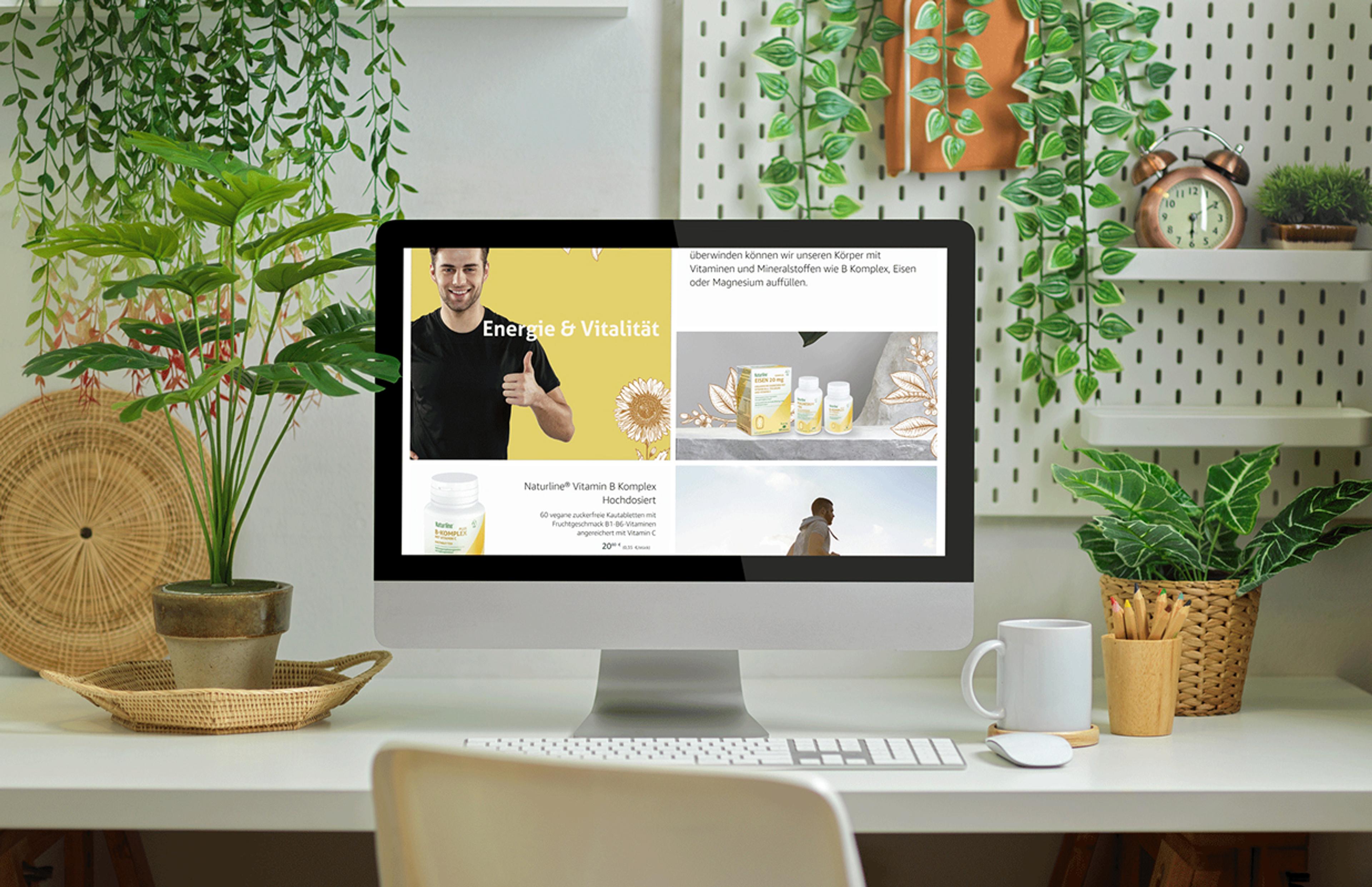 Naturline Storefront auf einem iMac – modernes Webdesign mit Fokus auf Natur & Gesundheit. Harmonische, grüne Umgebung passend zum nachhaltigen Branding.