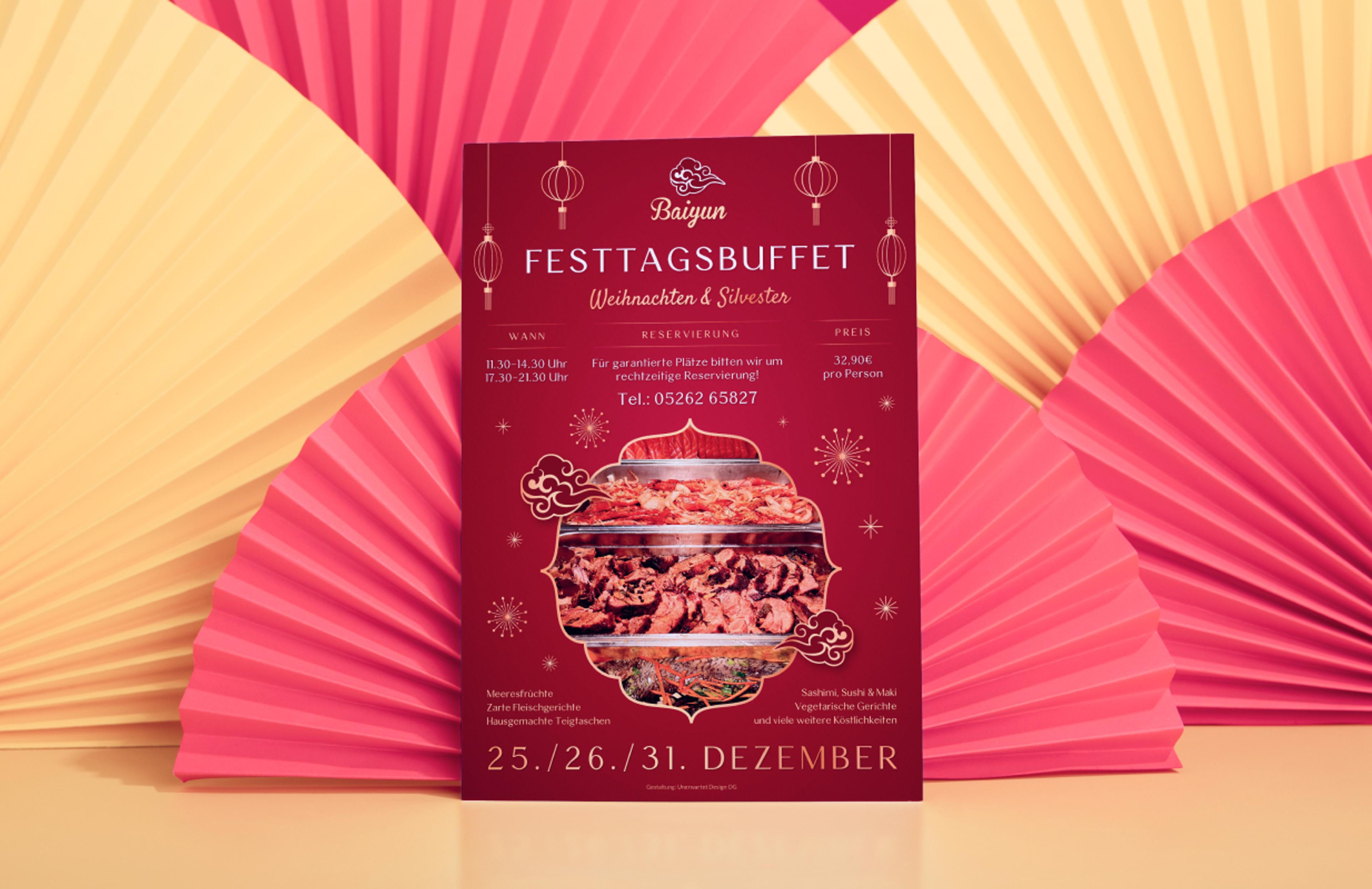 Posterdesign für das Baiyun-Festtagsbuffet in Telfs mit eleganter Meilin-Typografie und hochwertigem Printdesign.