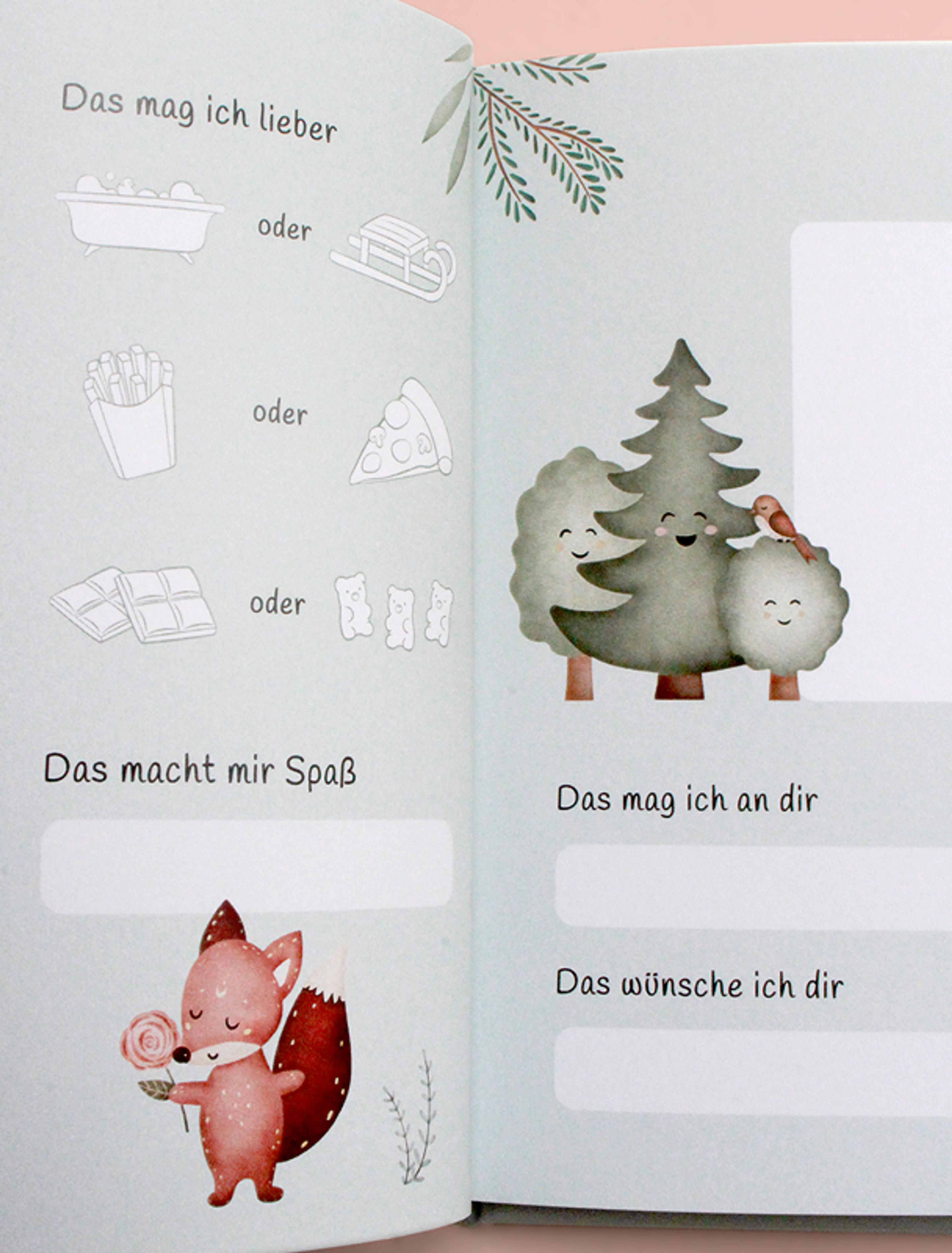 Detailseite im Freundschaftsbuch – Eine liebevoll gestaltete Seite mit Auswahlmöglichkeiten für Lieblingsaktivitäten, ergänzt durch eine Illustration eines Fuchses mit Blume.