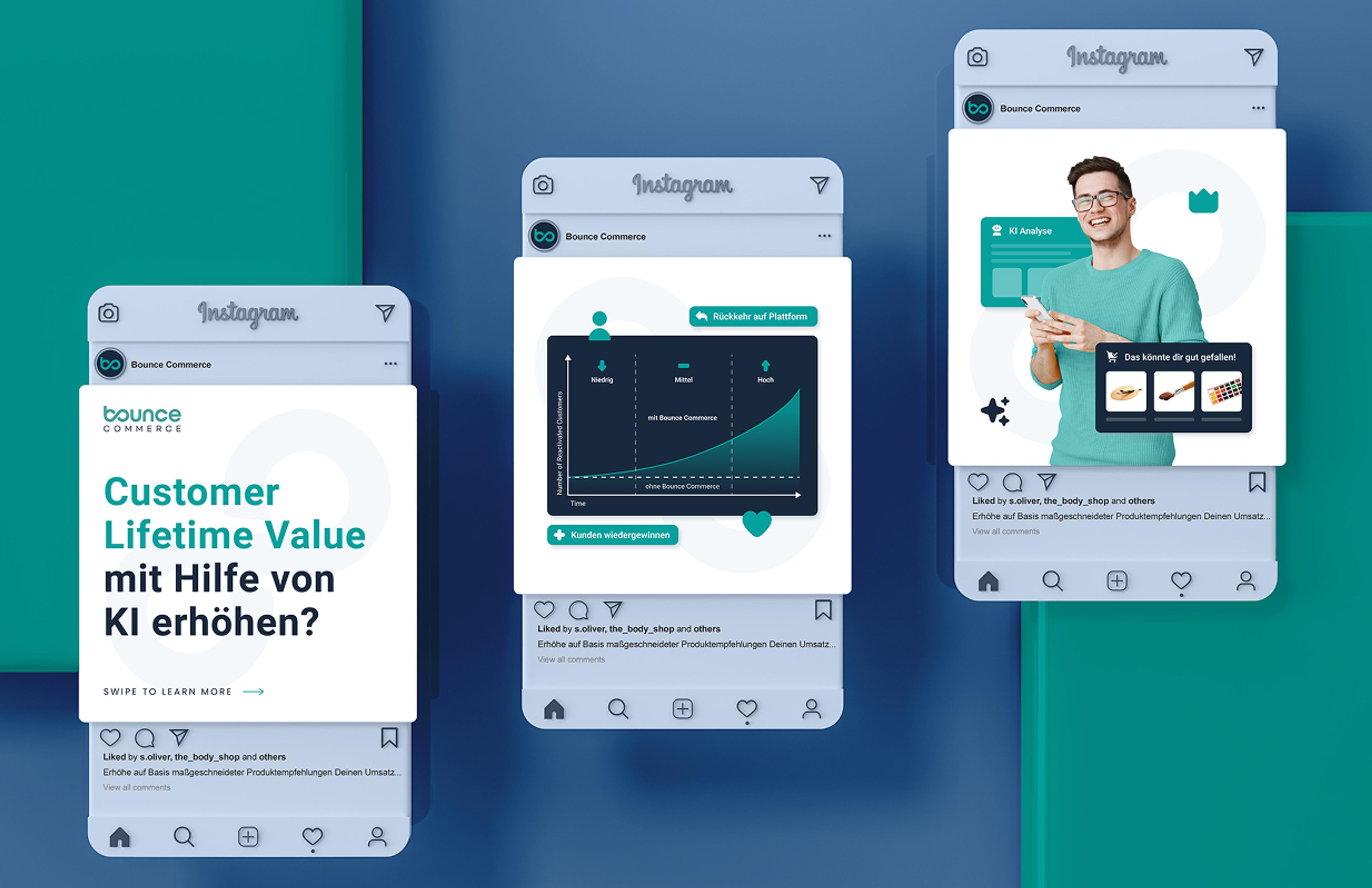 Visualisierung eines Instagram-Kampagnendesigns für Bounce Commerce mit Fokus auf KI-gestützte Kundengewinnung, Customer Lifetime Value und personalisierte Produktempfehlungen.