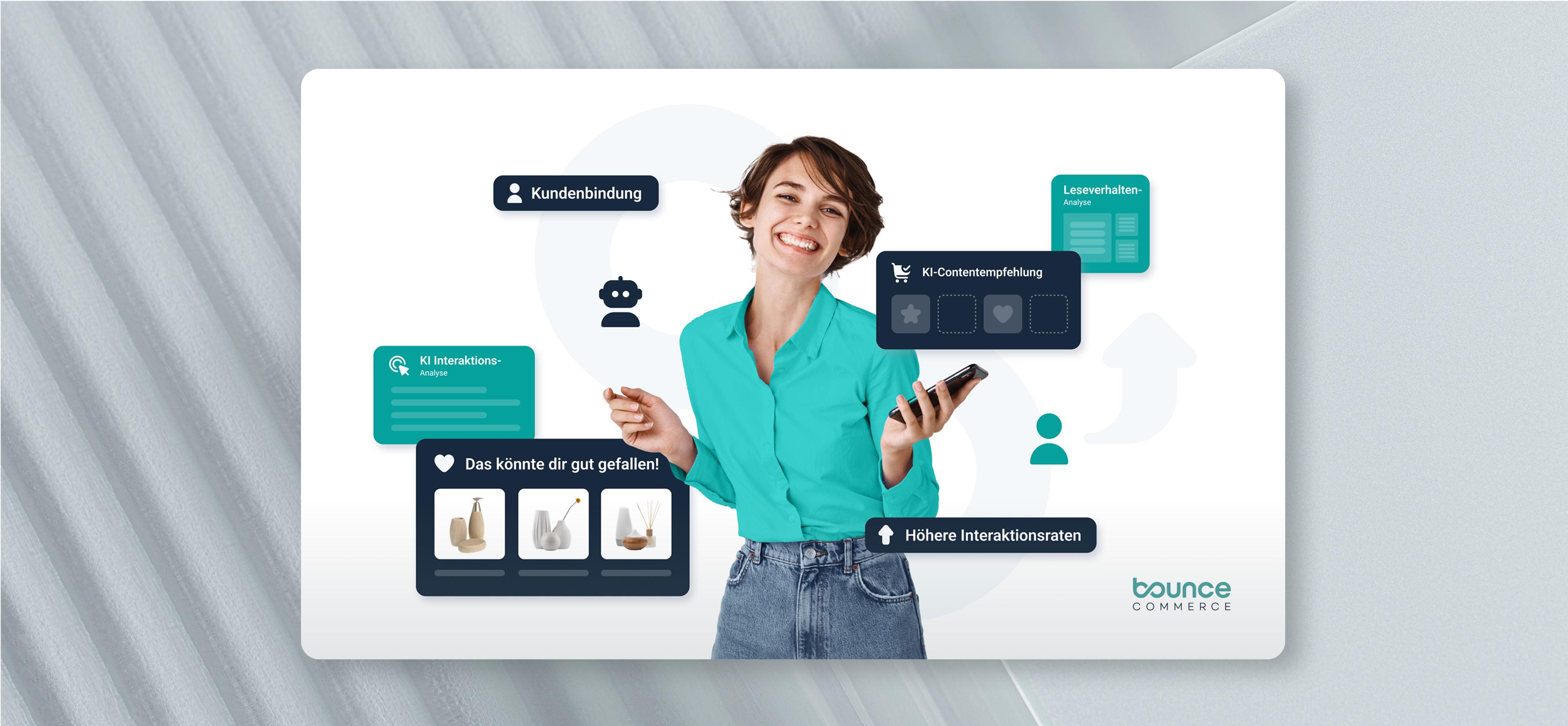 Werbedesign für Bounce Commerce mit einer jungen Frau, umgeben von interaktiven KI-Elementen, die personalisierte Produktempfehlungen und Kundenbindung zeigen.