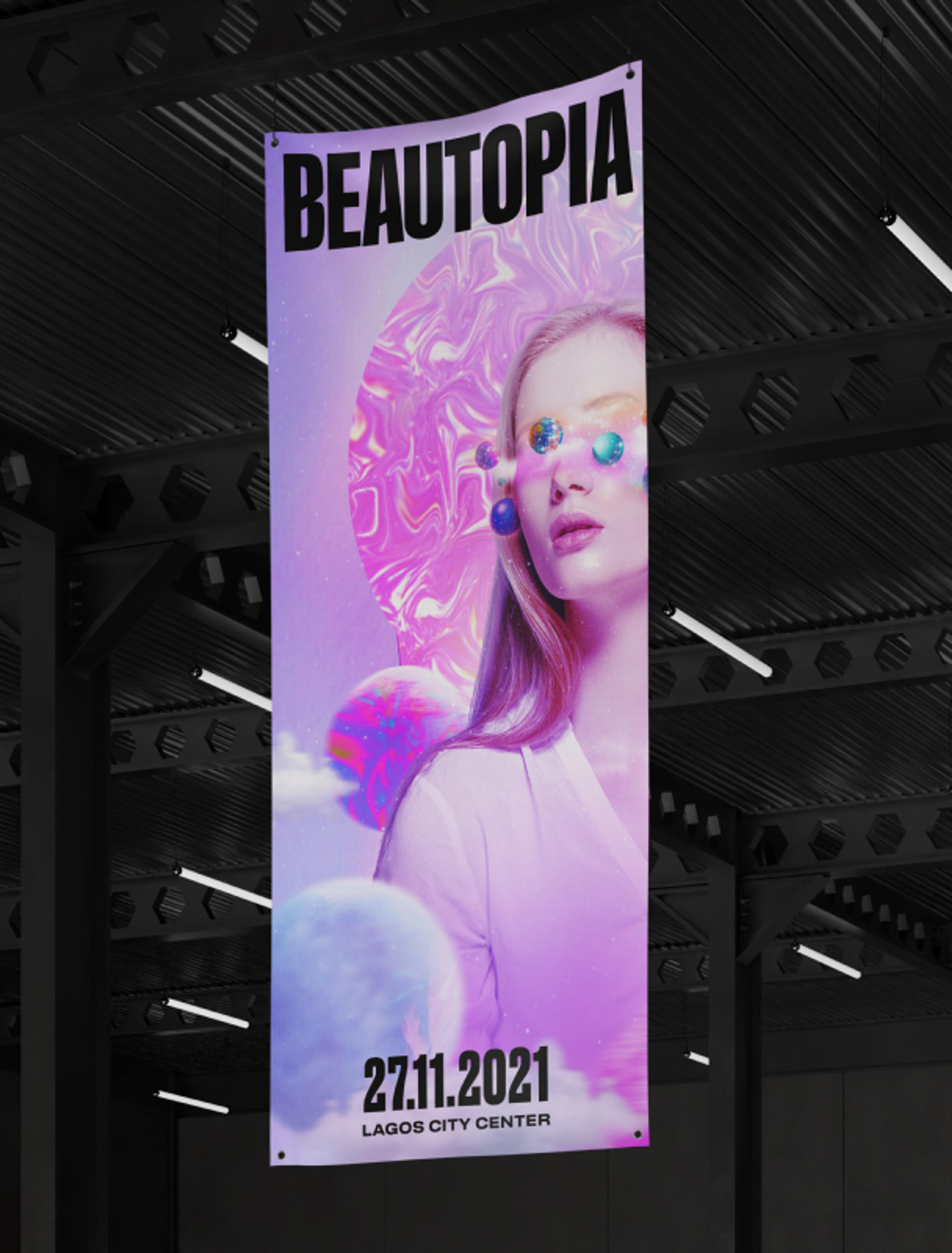 Event-Banner-Design für Beautopia, das eine Kombination aus modernen Farben und femininem Branding zeigt. Perfekt gestaltet von Unerwartet Design, um Aufmerksamkeit auf der Beauty-Convention in Lagos zu schaffen.