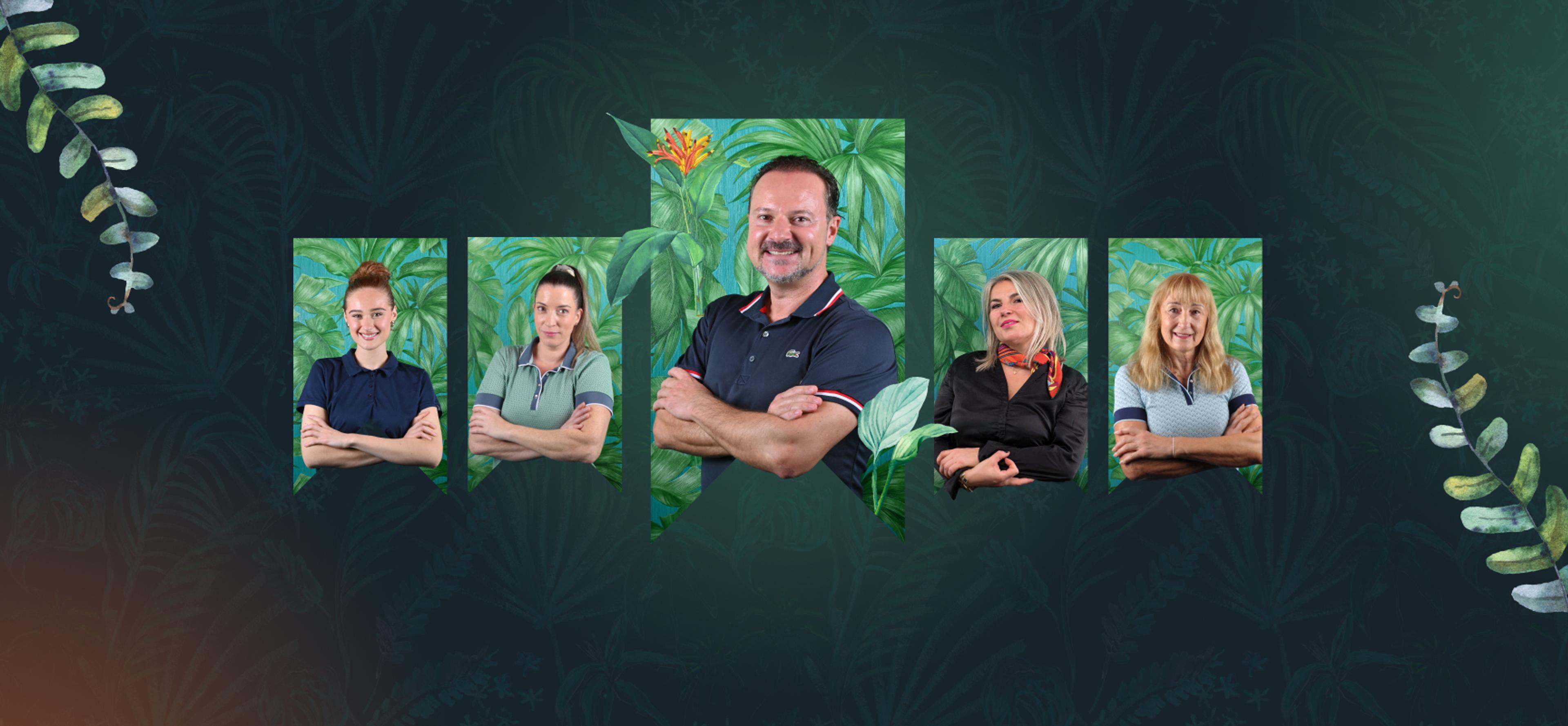 Bild zeigt das Team von Dental Club, umrahmt von floralen Elementen, gestaltet von Unerwartet Design