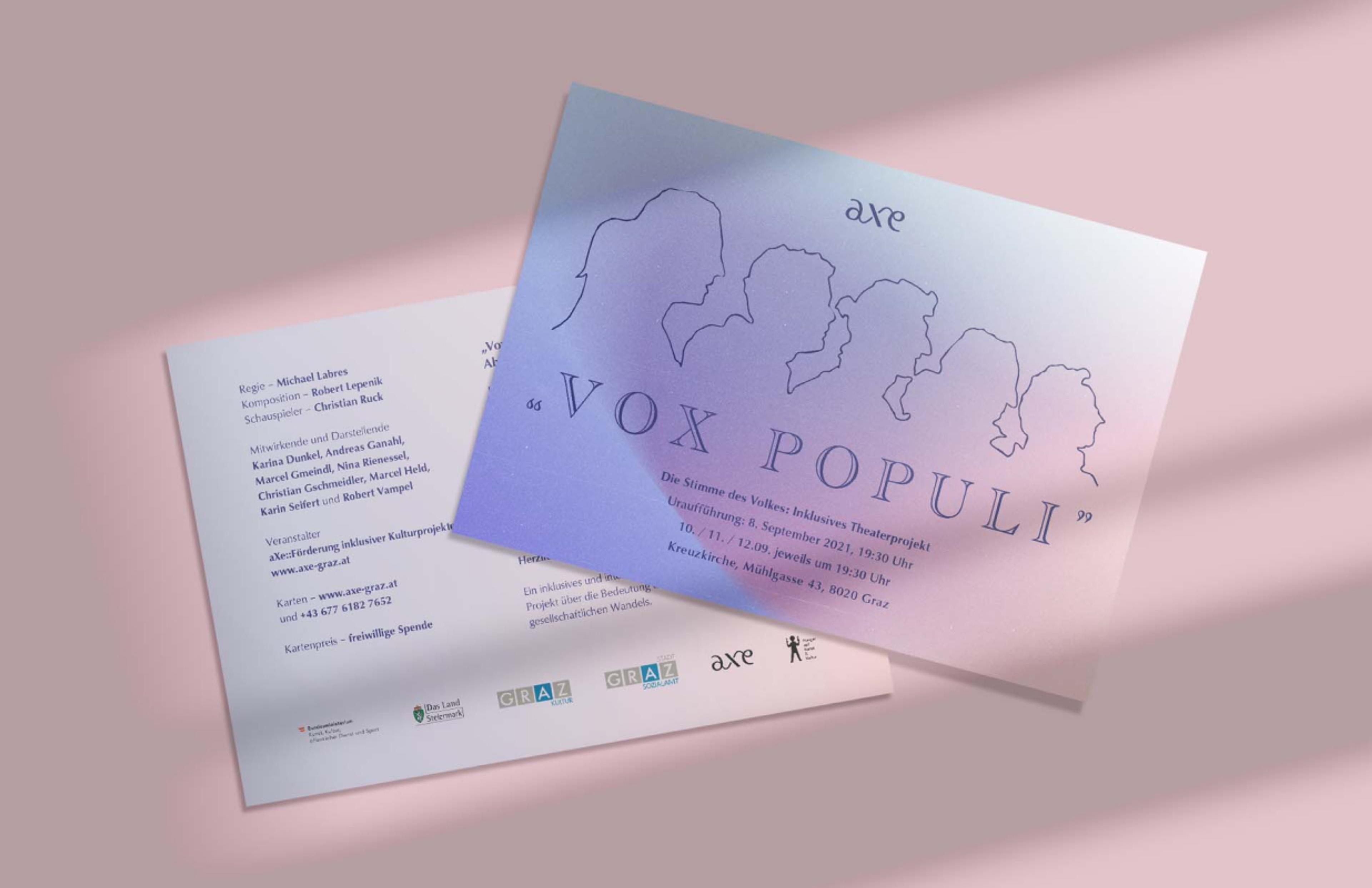 Flyer "Vox Populi" mit Silhouetten auf Pastellhintergrund – Ein lilafarbener Flyer mit gezeichneten Silhouetten für das inklusive Theaterprojekt "Vox Populi".
