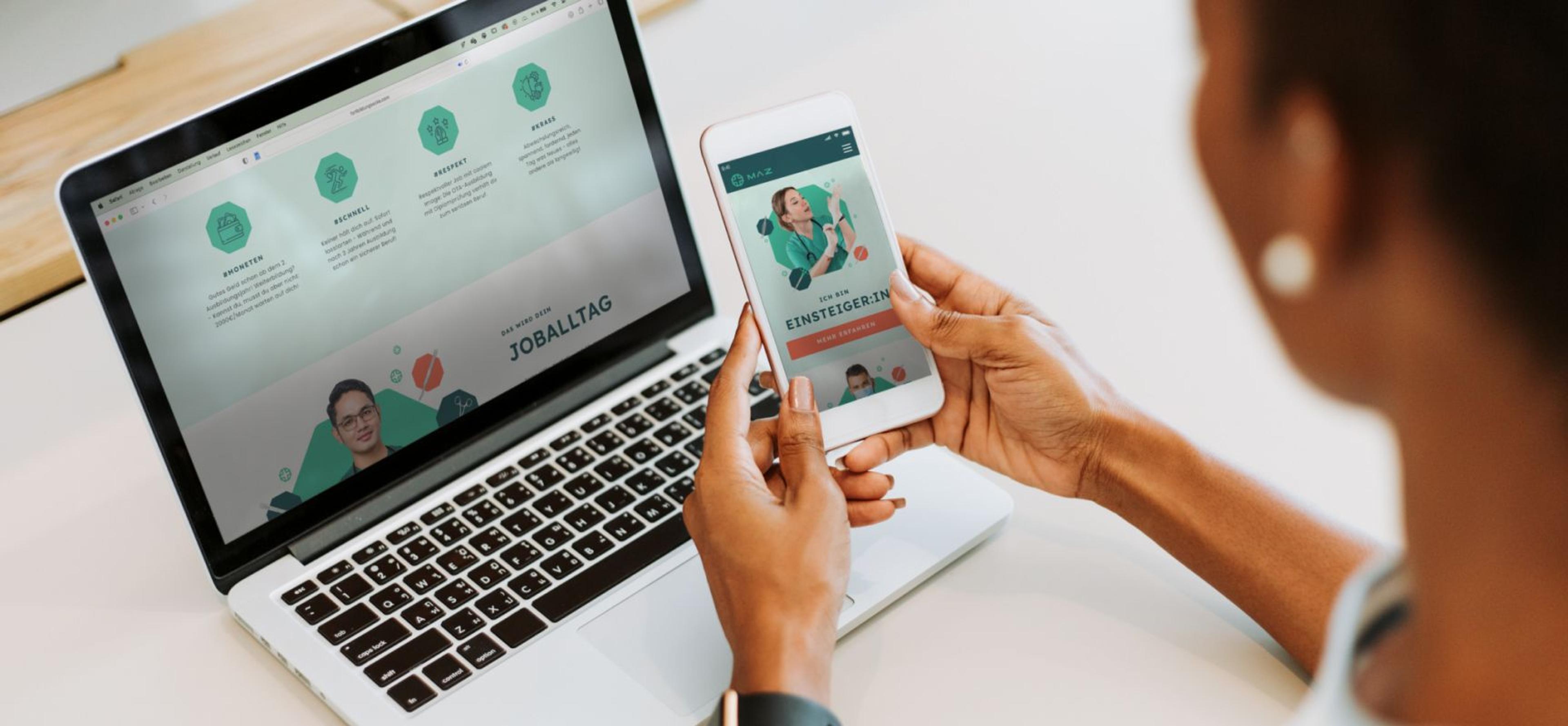 Junge Frau in OP-Kleidung mit Stethoskop und Ordner, zeigt nach rechts. Grafische Kampagne für medizinische Ausbildung und Weiterbildung. Unerwartet Design.