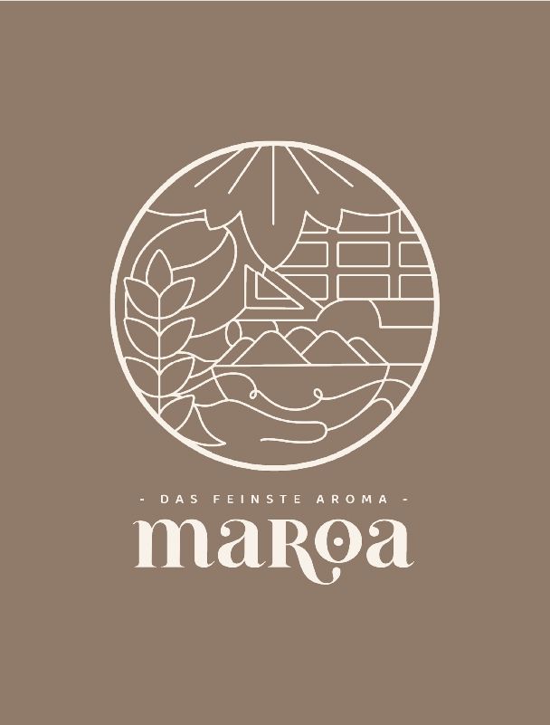 Minimalistisches Maroa-Logo auf braunem Hintergrund, kreiert von Unerwartet Design.