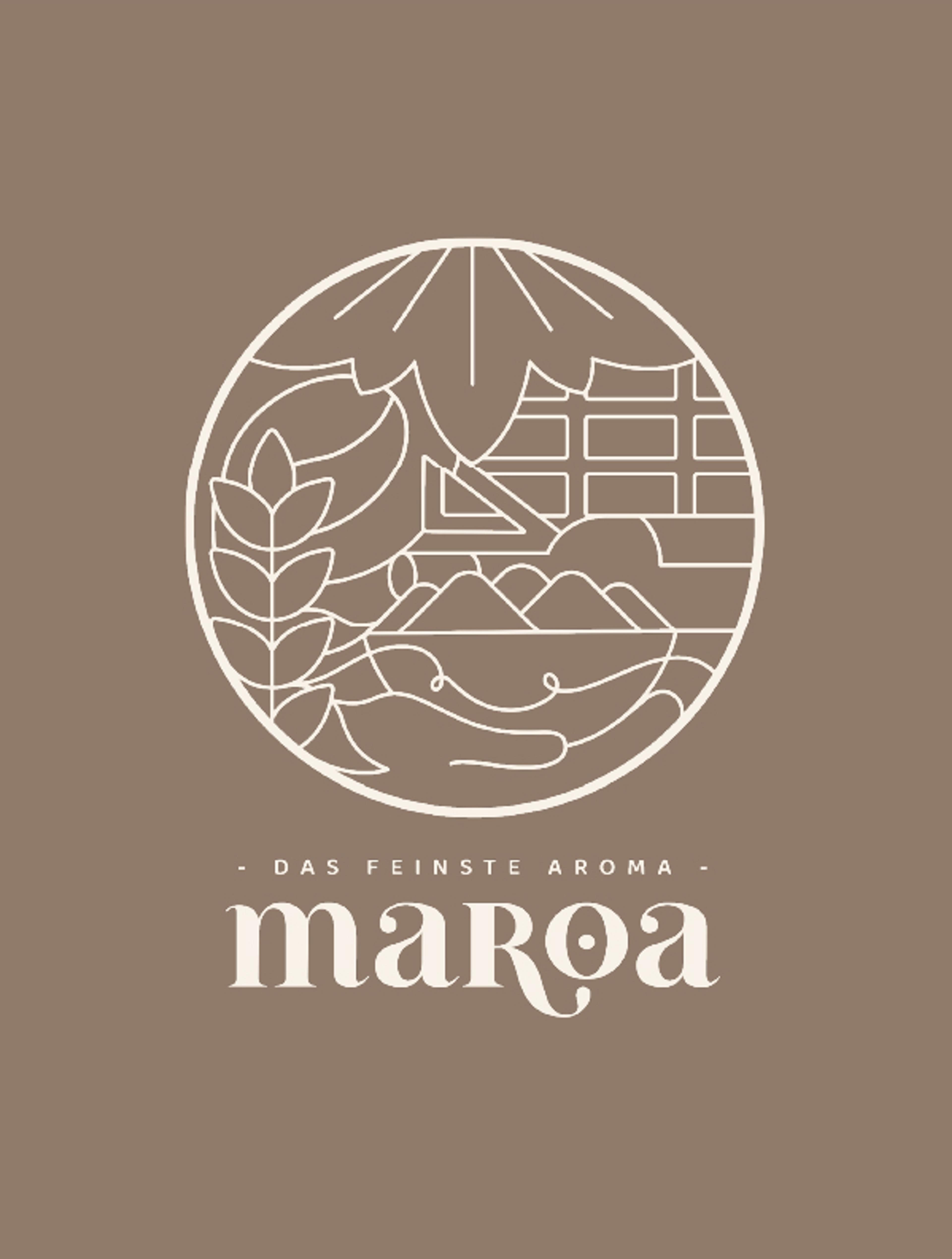 Minimalistisches Maroa-Logo auf braunem Hintergrund, kreiert von Unerwartet Design.