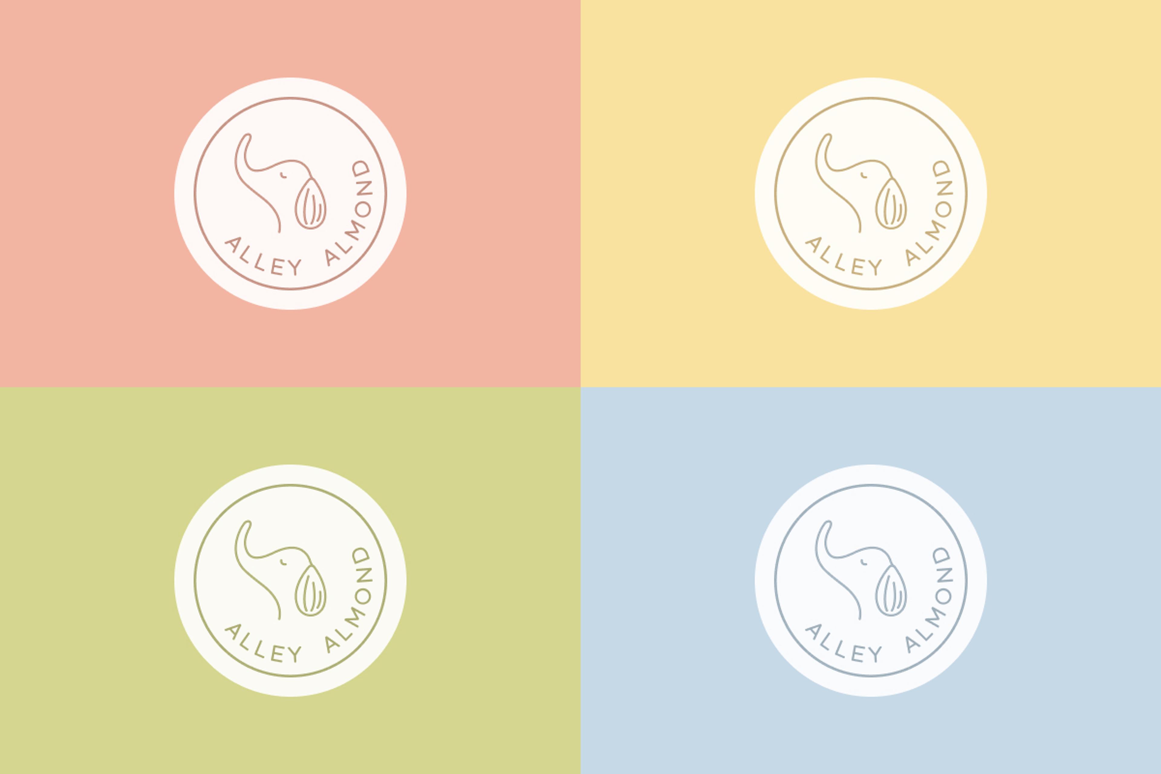Alley Almond Logo auf Corporate Pastell Farben. Rot, Gelb, Grün, Blau Farbpalette.