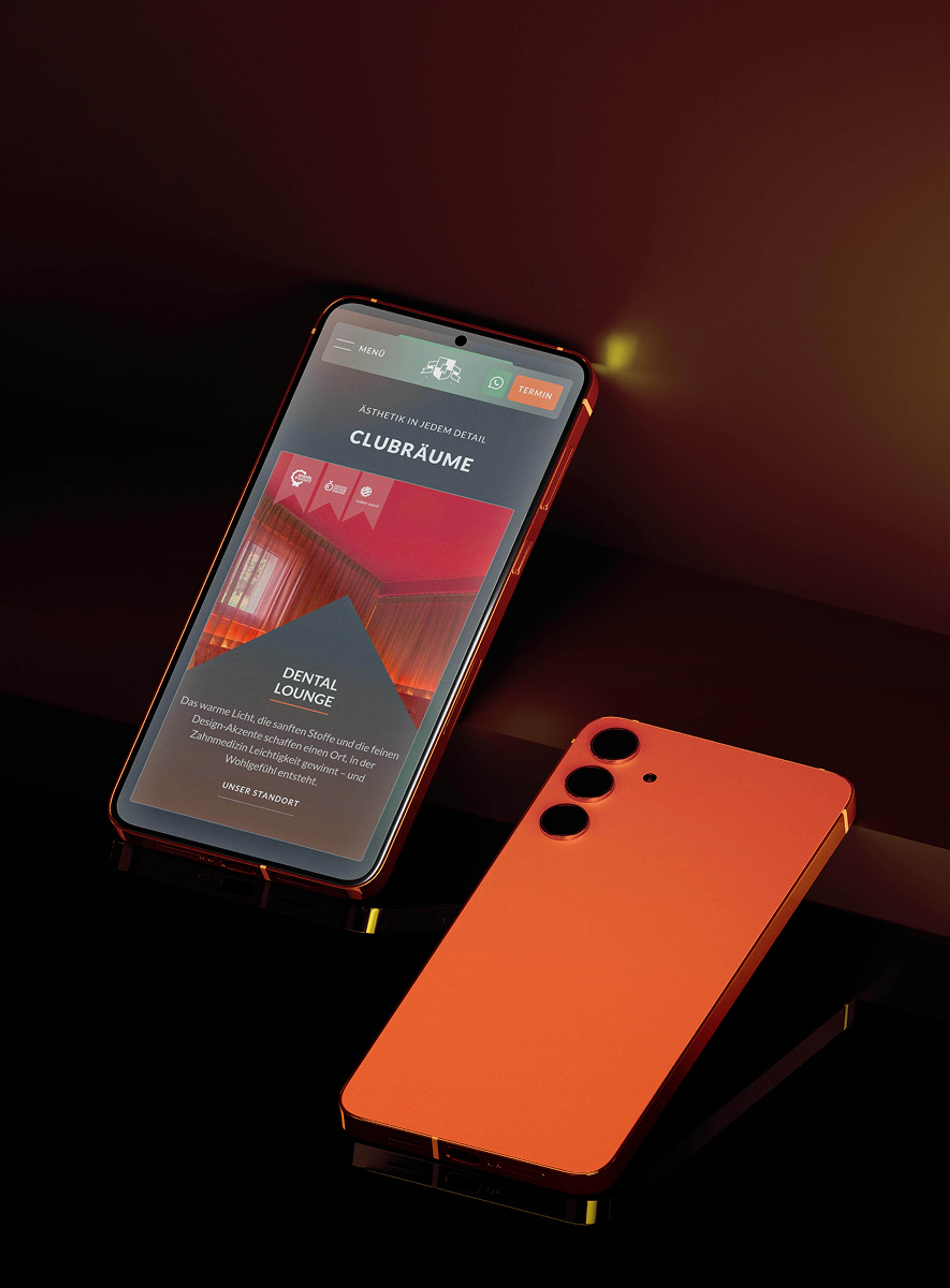 Zwei Smartphones zeigen die Webseite von Dental Club, gestaltet von Unerwartet Design