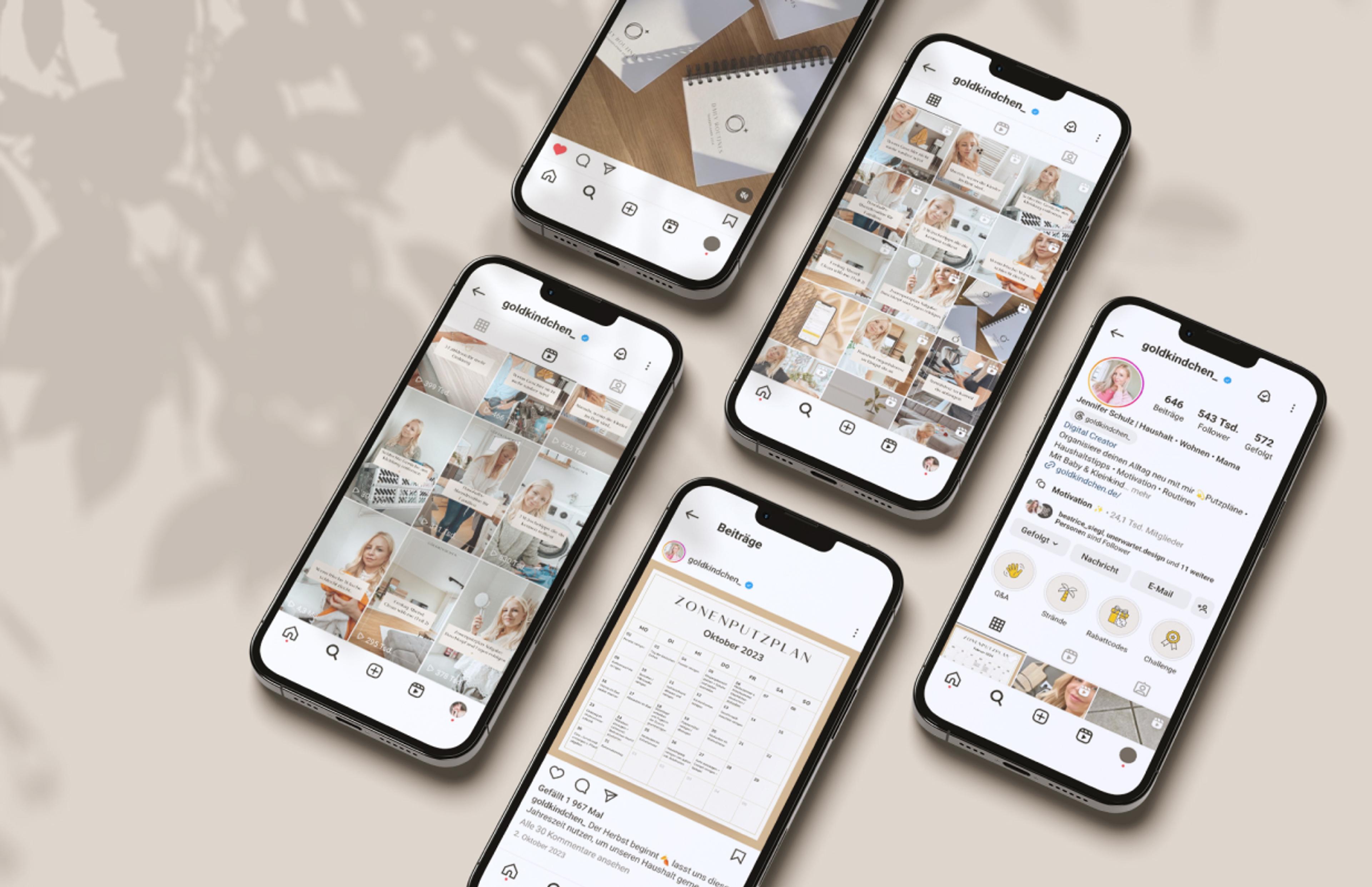 Durchdachtes Social Media Branding: Goldkindchen zeigt eine einheitliche visuelle Sprache auf Instagram. Ein harmonisches Content-Design, das Vertrauen und Markenbindung stärkt.