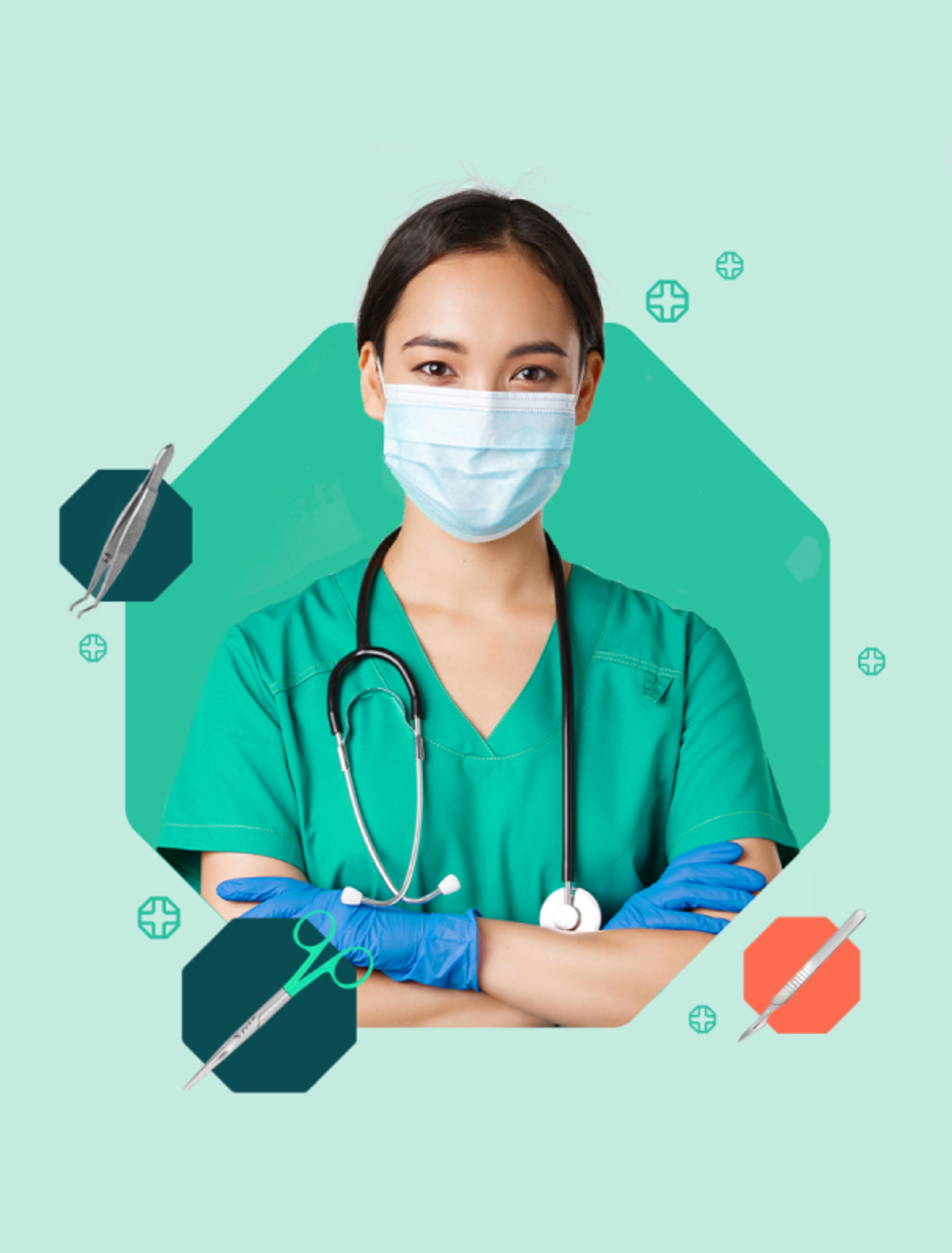 Junge Ärztin mit Maske und Stethoskop vor einer grafisch gestalteten Kulisse mit medizinischen Symbolen. Werbekampagne für medizinische Weiterbildung in Graz.