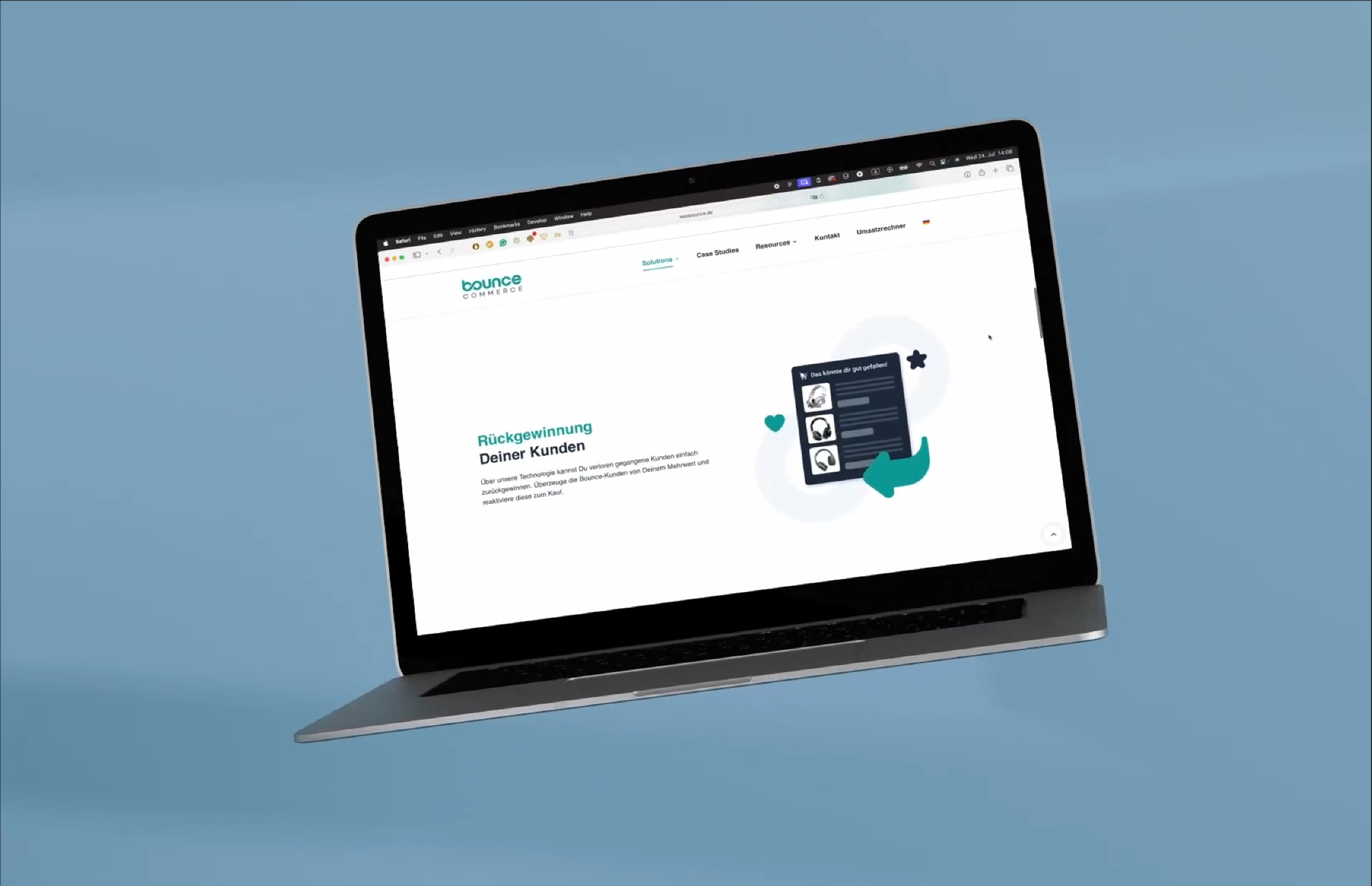 Hochwertige 3D-Animation eines interaktiven Dashboards von Bounce Commerce, das Echtzeit-Datenanalyse, Conversion-Optimierung und personalisierte Inhalte veranschaulicht.
