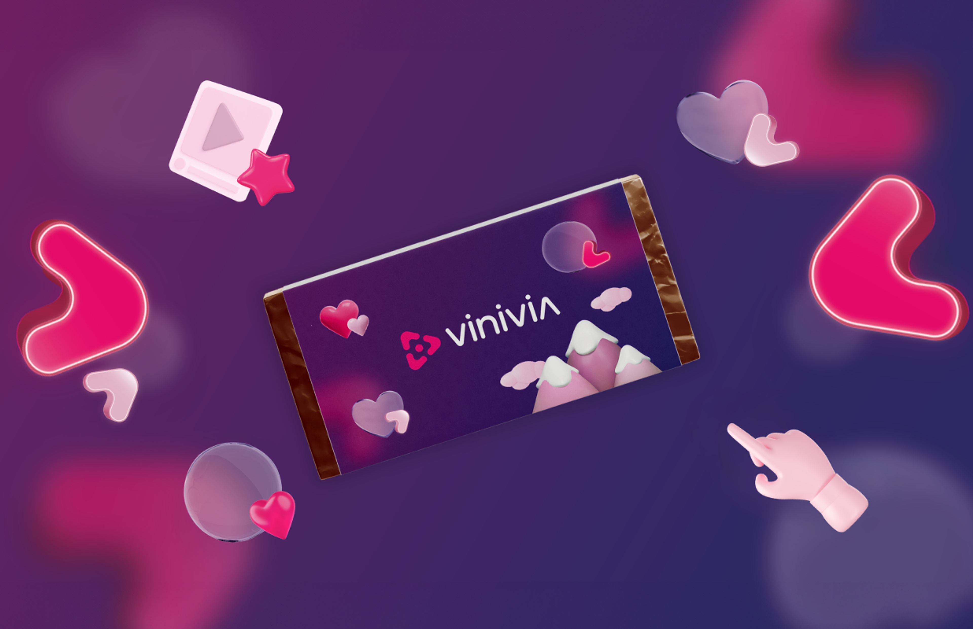Schokoladenverpackung im Vinivia-Design, umgeben von Markenikonen und lebendigen Farben, ideal für Branding und Marketingmaterialien - Unerwartet Design