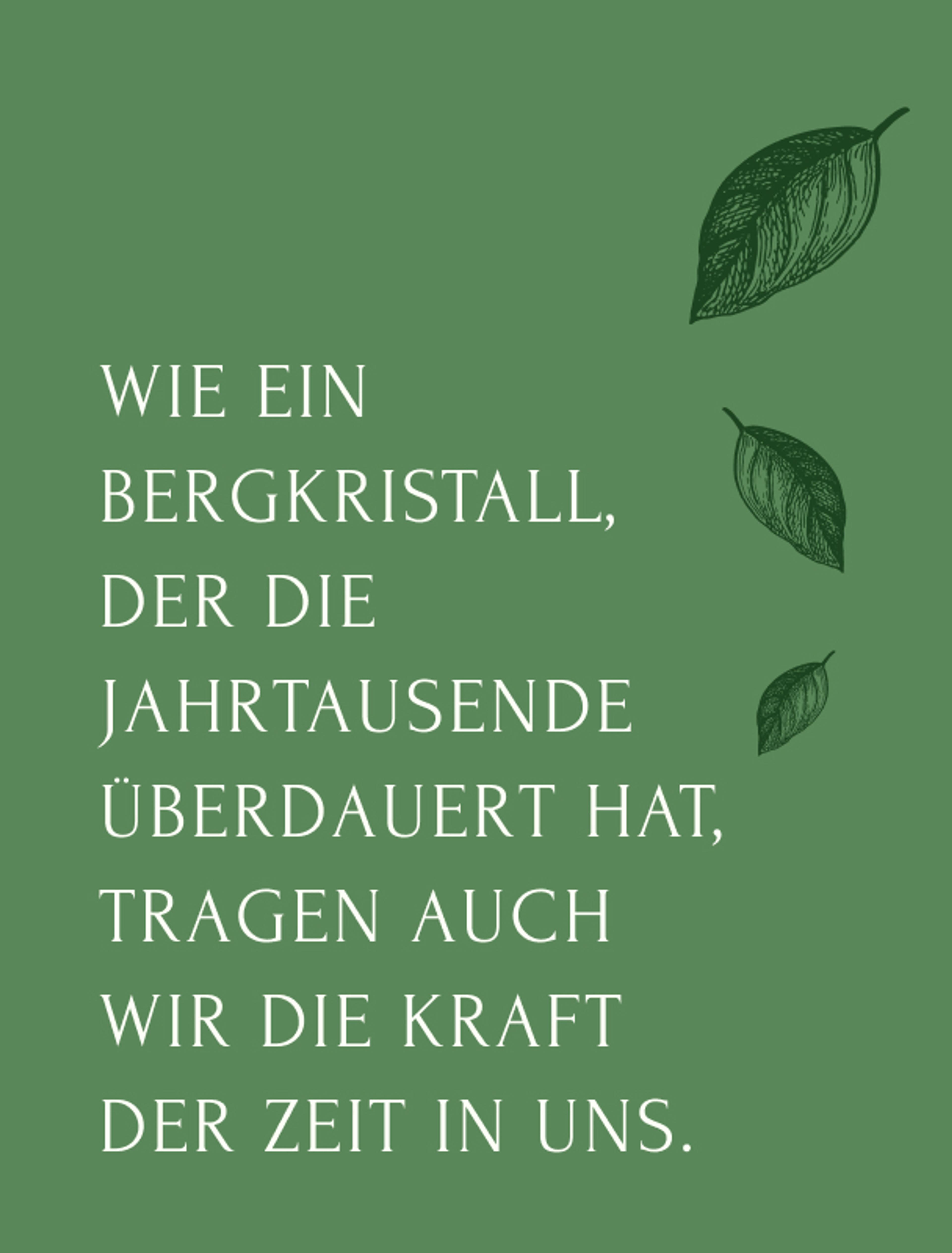 Zitat: „Wie ein Bergkristall, der die Jahrtausende überdauert hat, tragen auch wir die Kraft der Zeit in uns.“ mit Blätterillustrationen. Gestaltung in steirischem Stil.