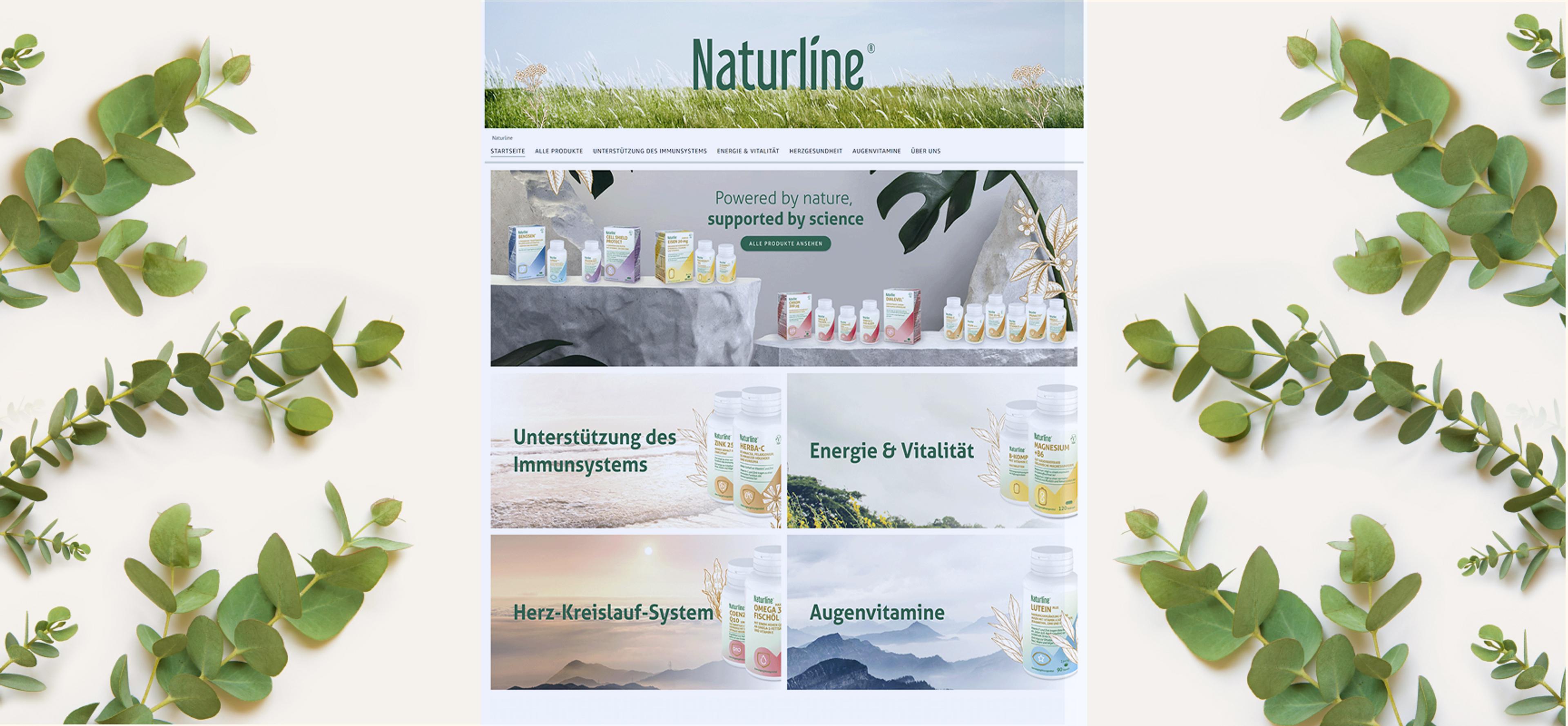 Übersicht der Naturline Storefront mit Produktkategorien wie Immunsystem, Energie & Vitalität, Herz-Kreislauf-System und Augenvitamine. Natürliche Gestaltung mit sanften Farben und Pflanzenmotiven.
