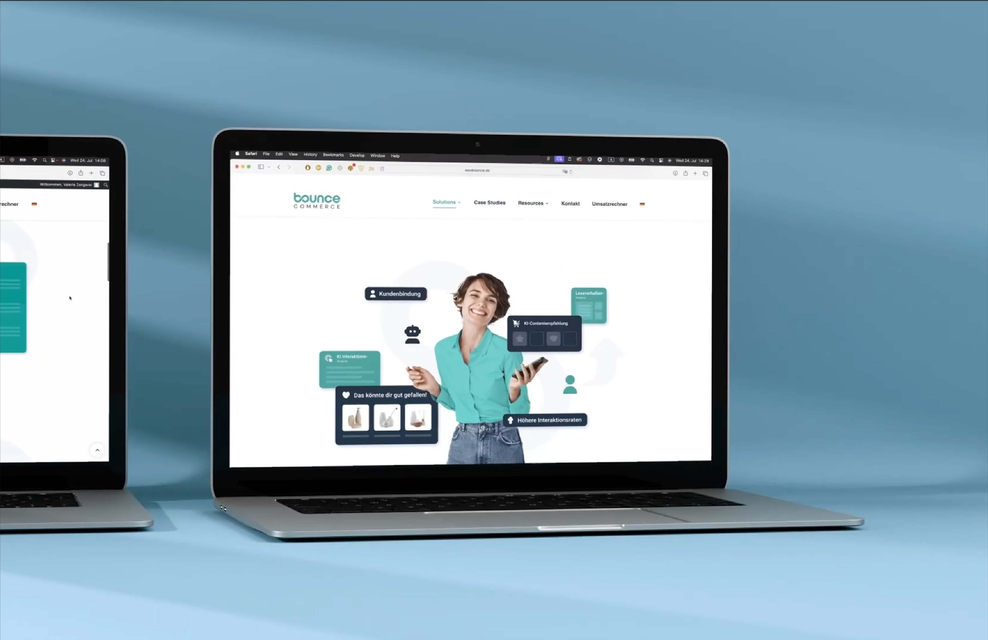 Dynamische Präsentation des Bounce Commerce Branding mit schwebenden Designelementen, moderner Typografie und einer klaren visuellen Identität für digitales Marketing.