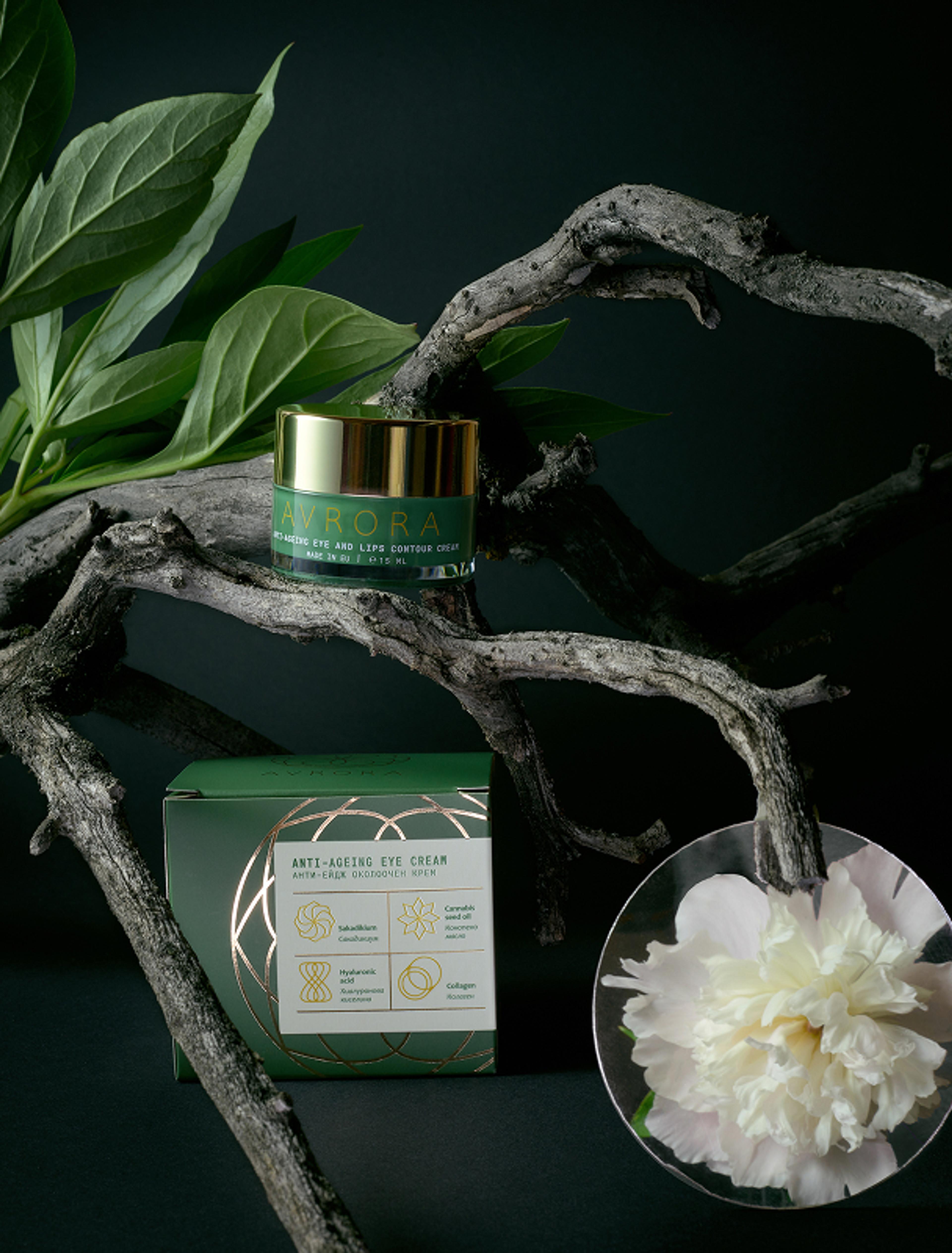Modernes Verpackungsdesign für AVRORA, inszeniert mit natürlichen Elementen. Tiefgrünes Packaging mit goldenen Details, inspiriert von der Natur und hochwertiger Kosmetik. Branding & Design von Unerwartet, Graz, Österreich.