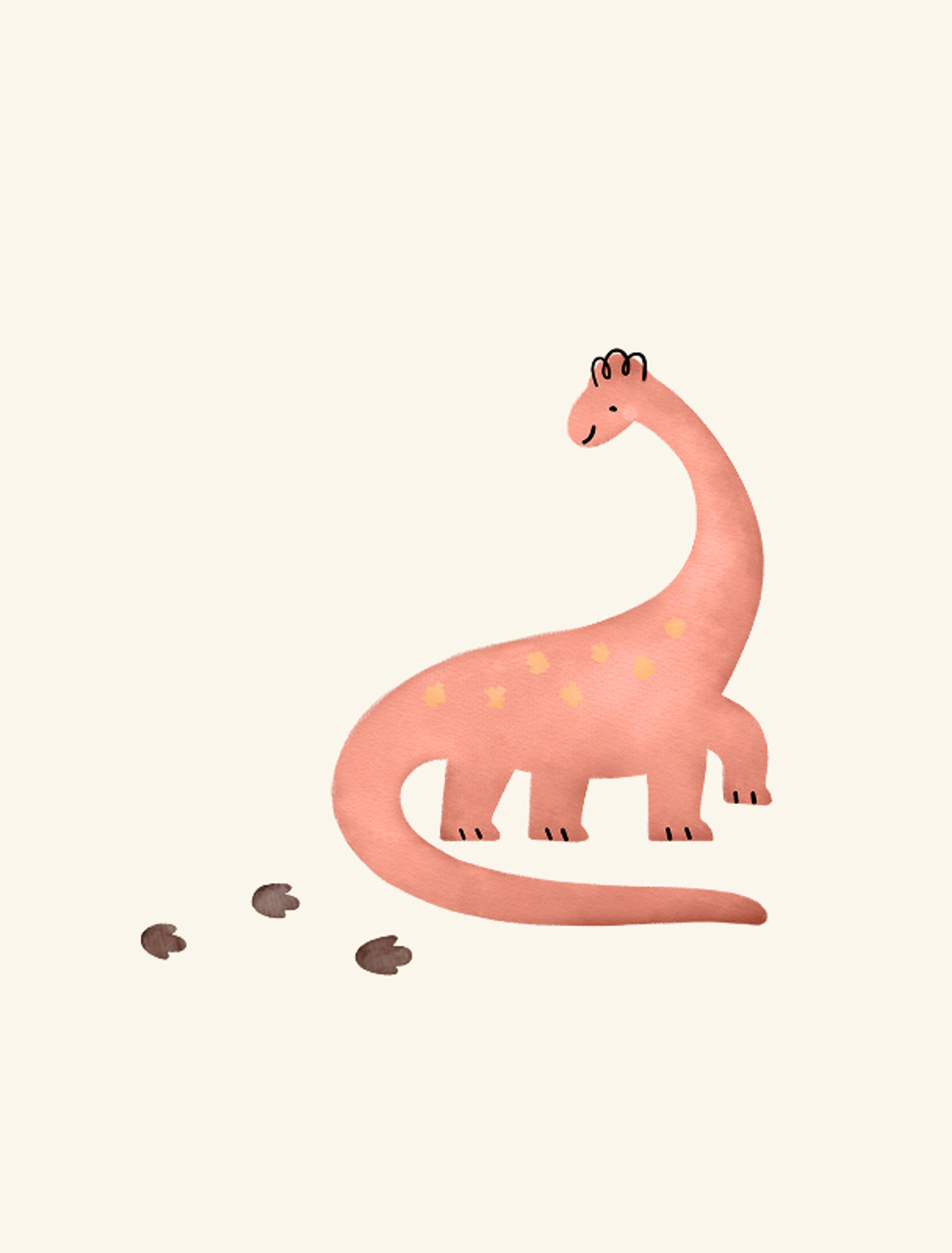 Dinosaurier mit Fußspuren – Ein sanft gezeichneter, rosafarbener Dinosaurier mit freundlichem Gesichtsausdruck, umgeben von kleinen Dino-Fußabdrücken.