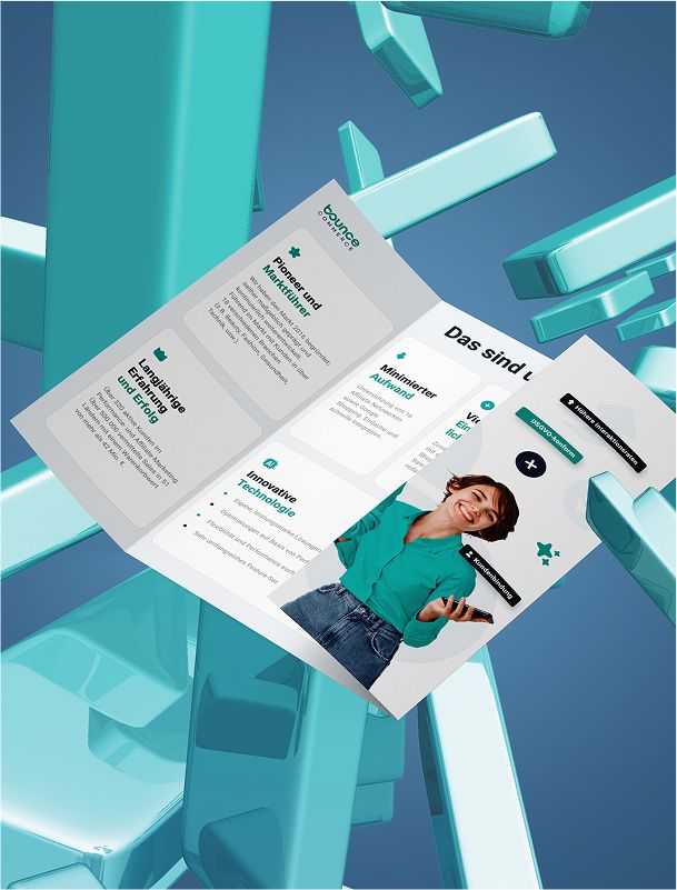 Hochwertige Unternehmensbroschüre für Bounce Commerce in modernem Design, mit klar strukturierten Vorteilen und einer interaktiven Darstellung von Features