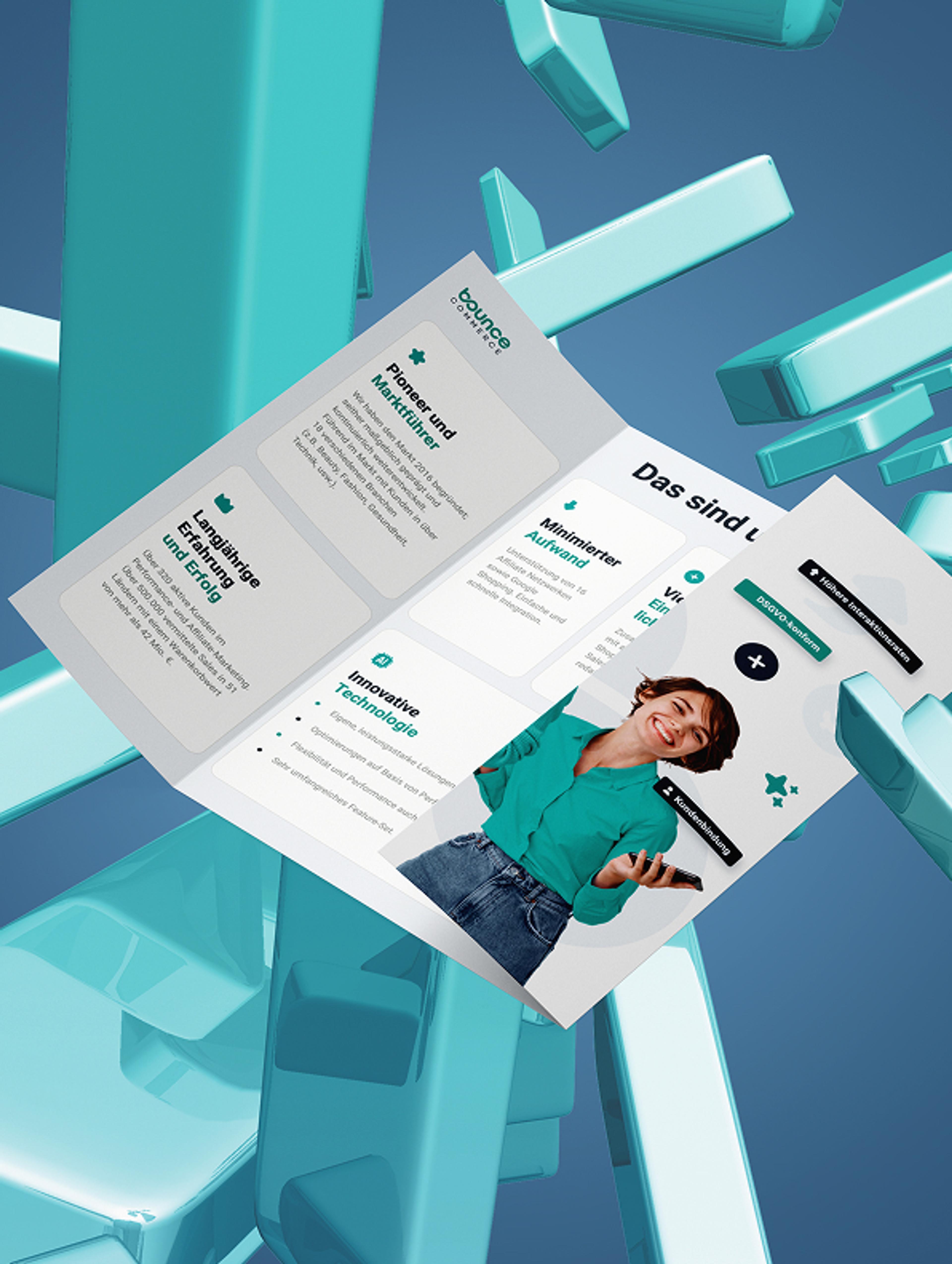 Hochwertige Unternehmensbroschüre für Bounce Commerce in modernem Design, mit klar strukturierten Vorteilen und einer interaktiven Darstellung von Features
