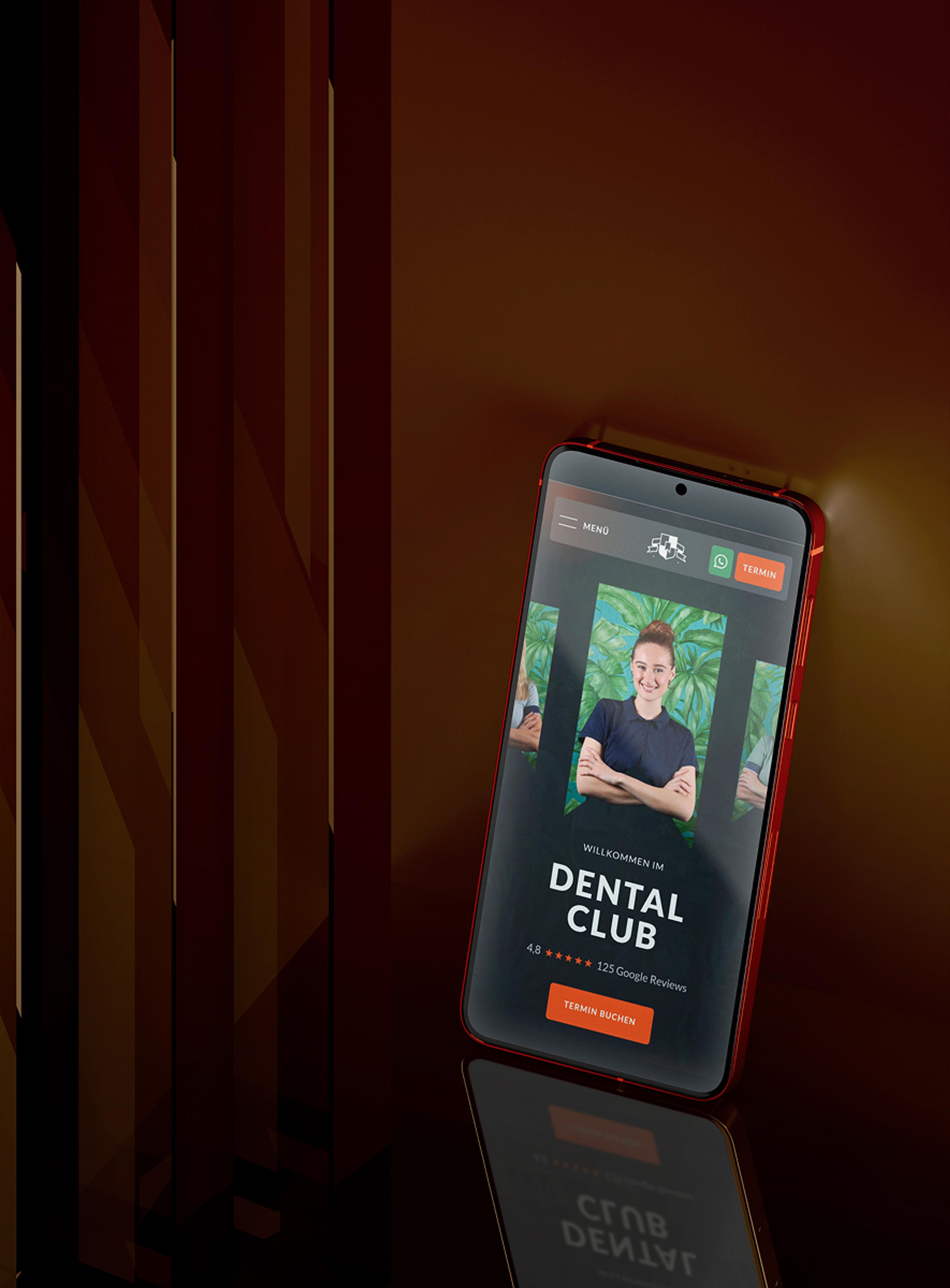 Smartphone zeigt die Homepage von Dental Club, gestaltet von Unerwartet Design