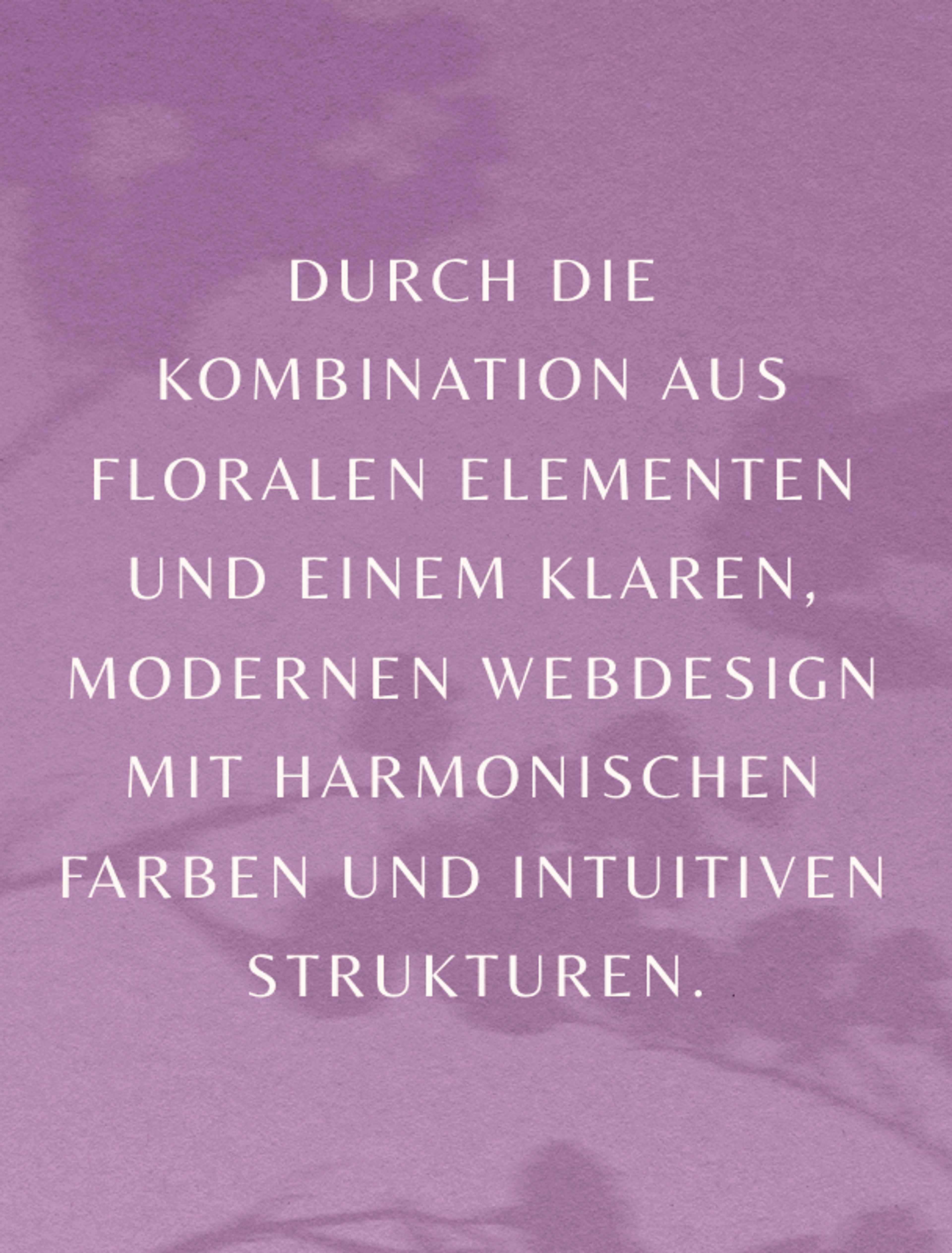 Fliederfarbener Hintergrund mit Designtext über florale Elemente und modernes Webdesign, gestaltet von Unerwartet Design in Graz für Dr. med. Gerhild Weiß. Die Antwort auf die Frage im Violett.