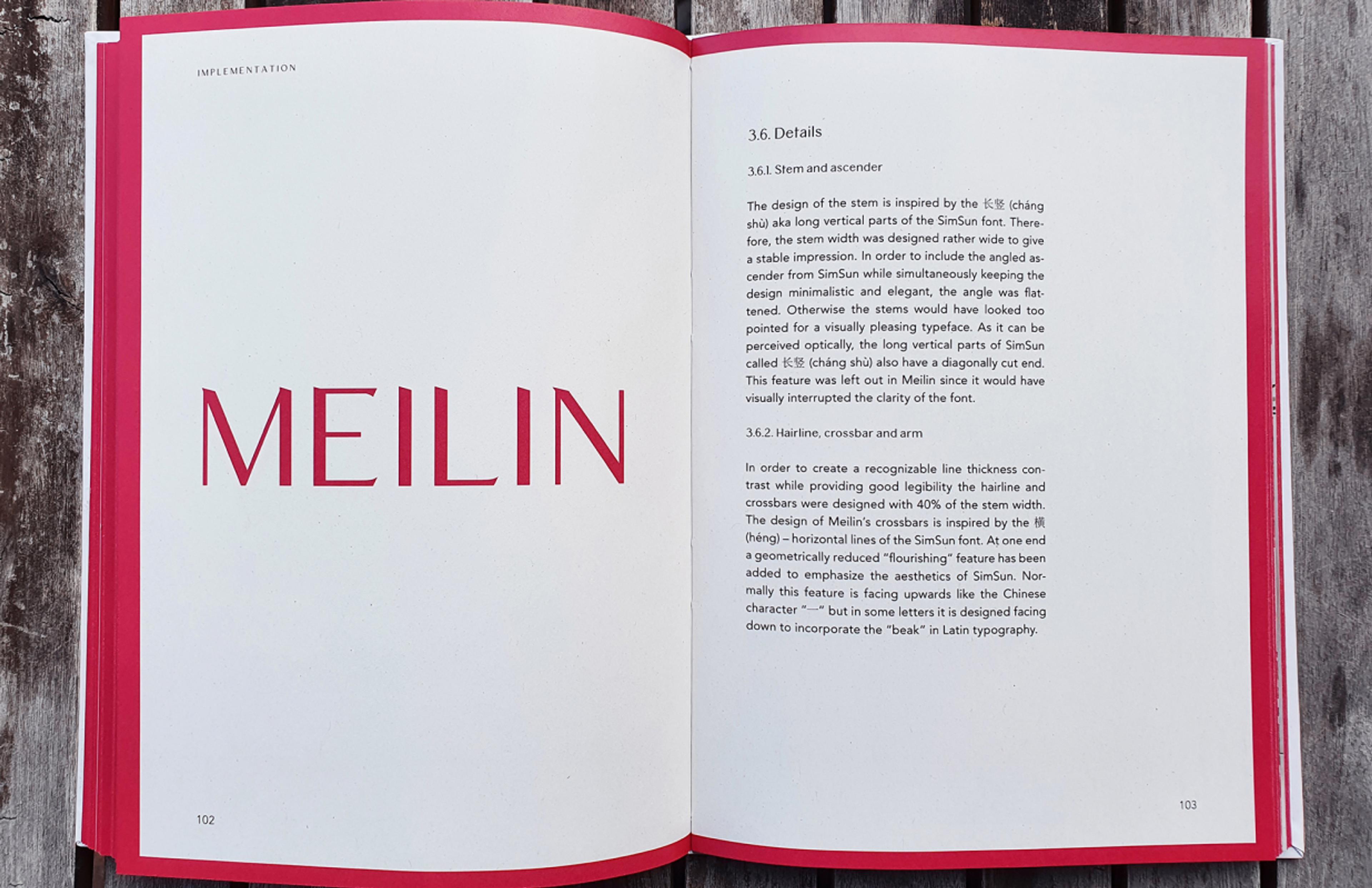 Detailstudie der Meilin Schrift in einem Typografie-Buch. Die Entwicklung und Inspirationsquellen dieser modernen Sans-Serif-Schriftart werden analysiert, mit Fokus auf klare Linien und asiatische Formsprache. Von Unerwartet Design