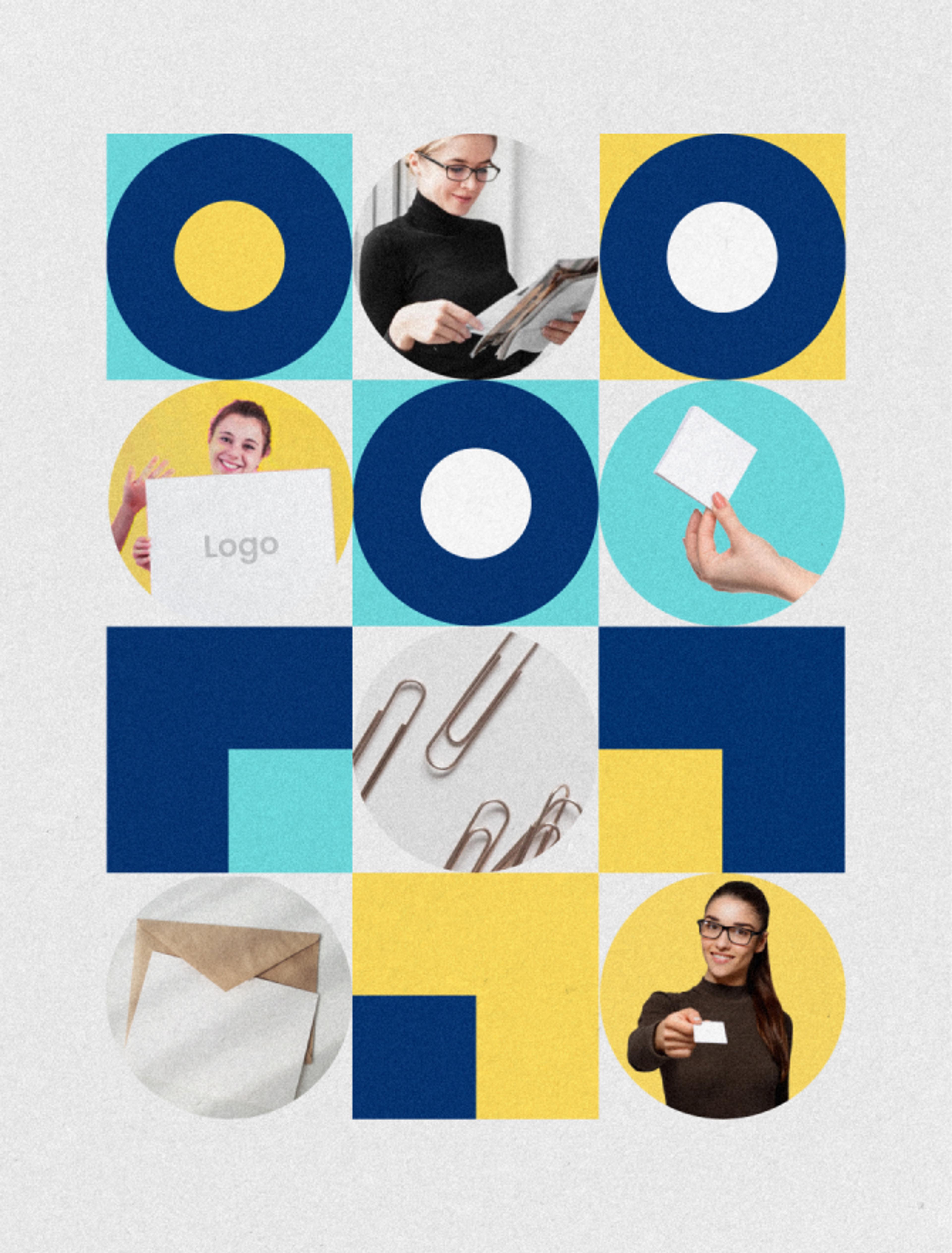 Eine Illustration mit blauen, gelben und weißen geometrischen Mustern, kombiniert mit Bildern von Personen und typischen Druckmaterialien.